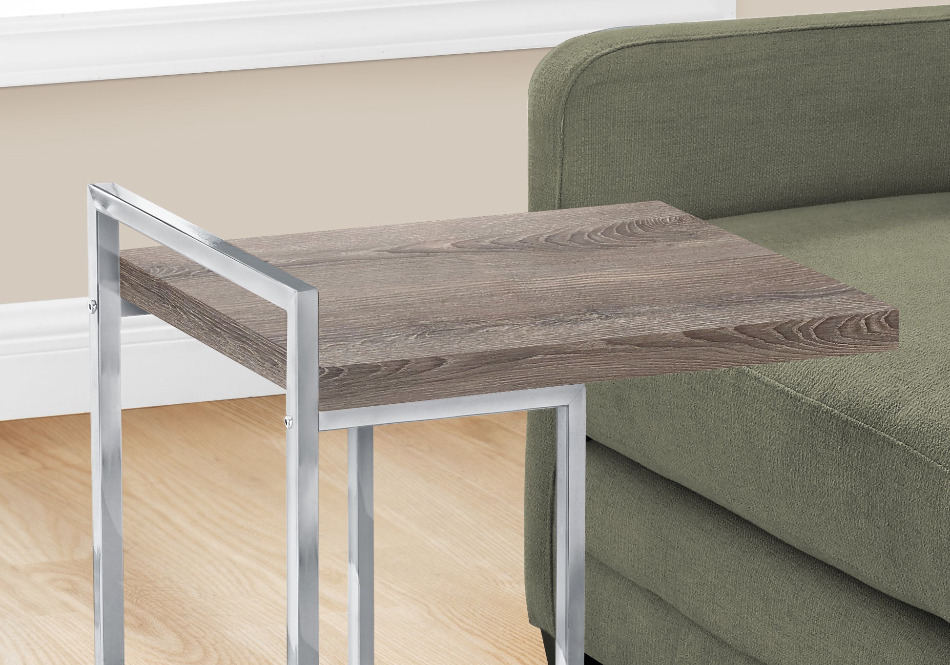 Rustic oak and chrome accent table for living room use