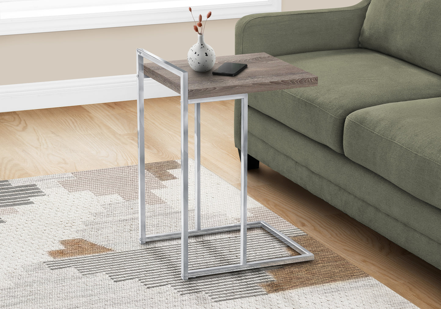 Ctable with rustic wood top and chrome metal frame perfect for living rooms