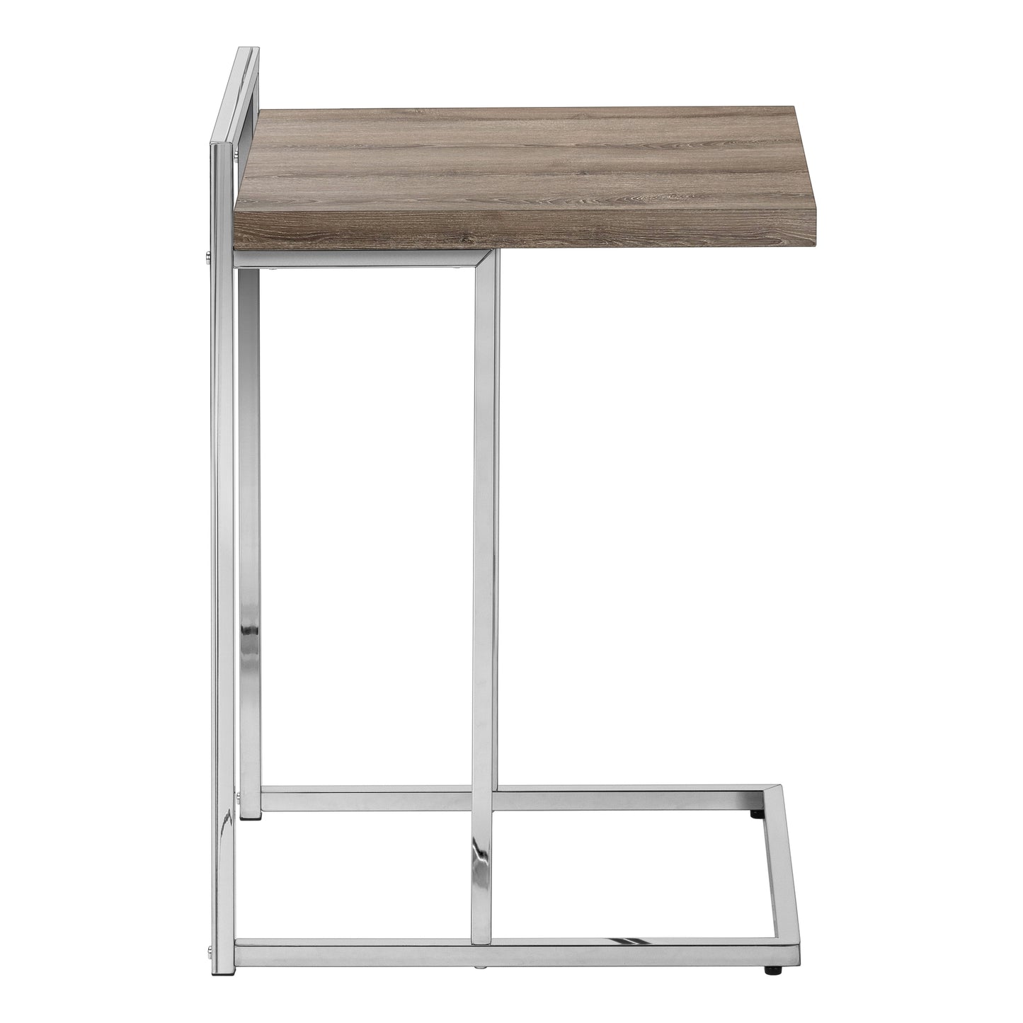 Cshaped table with a rustic wood grain top and sleek chrome frame