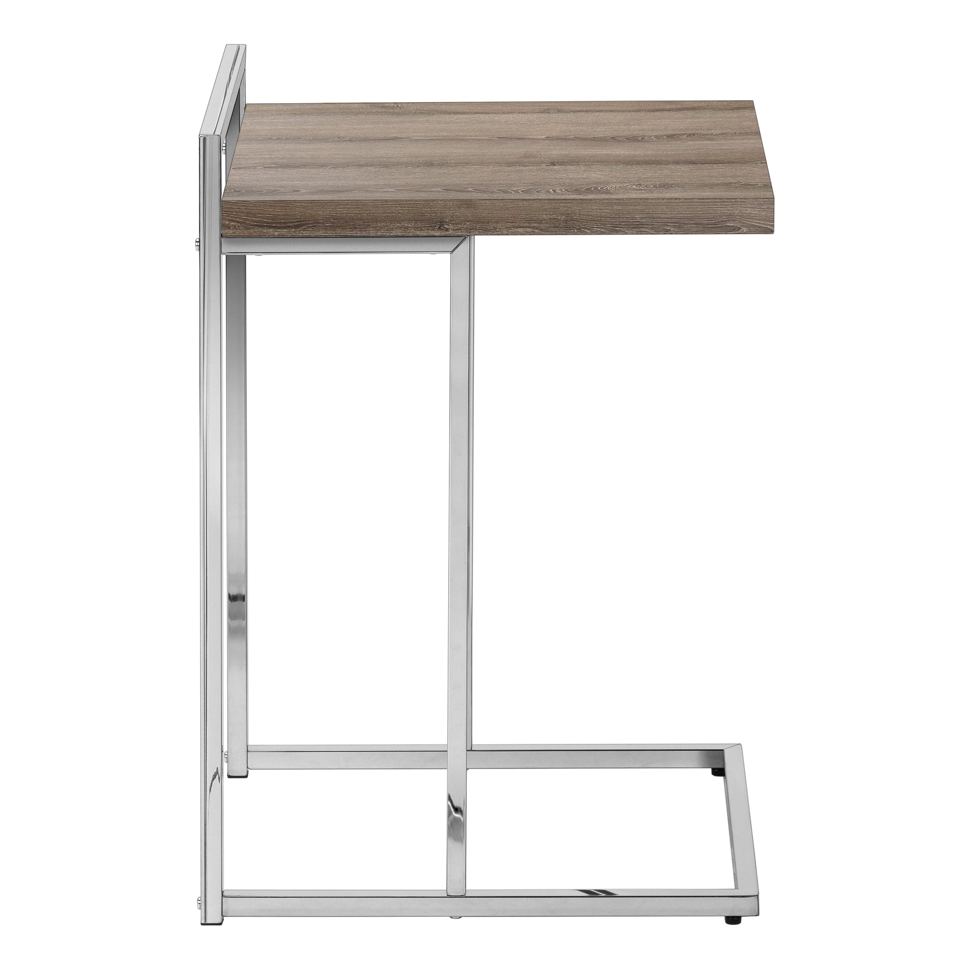Cshaped table with a rustic wood grain top and sleek chrome frame