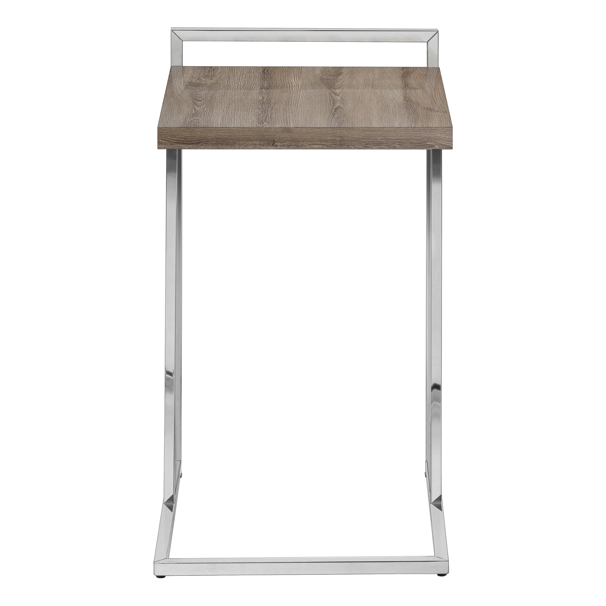 Modern grey wood accent table with polished chrome frame  characters