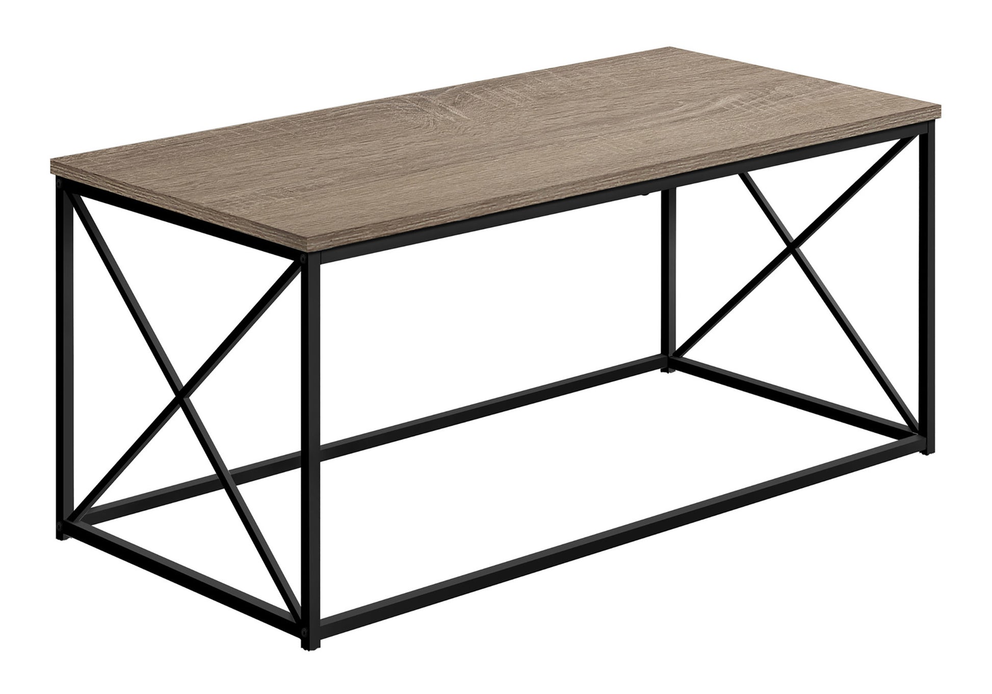 Modern coffee table with a rustic wood top and black metal frame ideal for living rooms