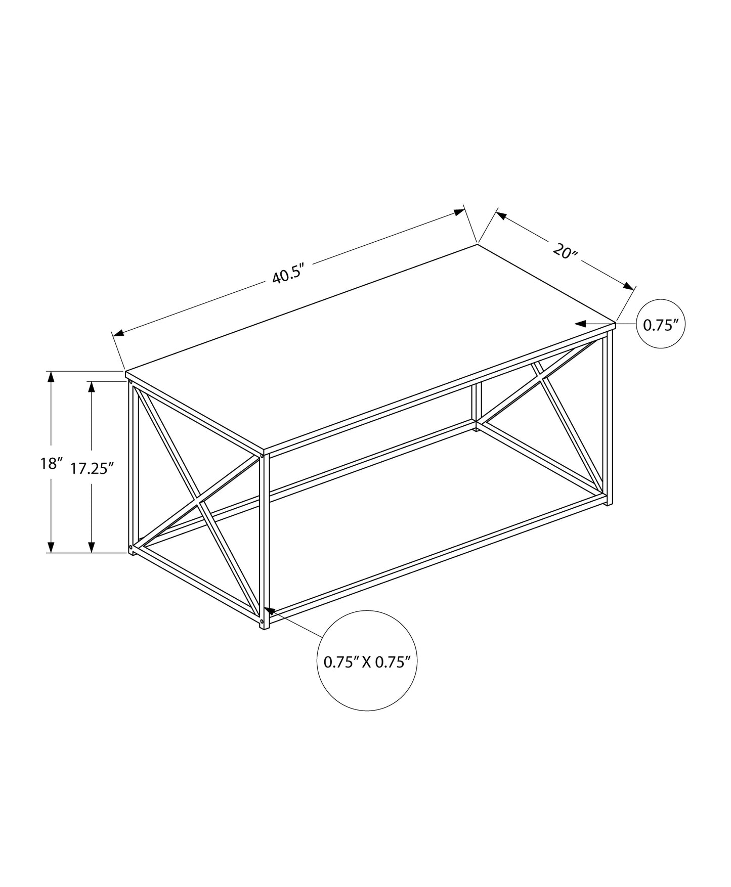 Line drawing of a modern metal coffee table  L x  W x  H