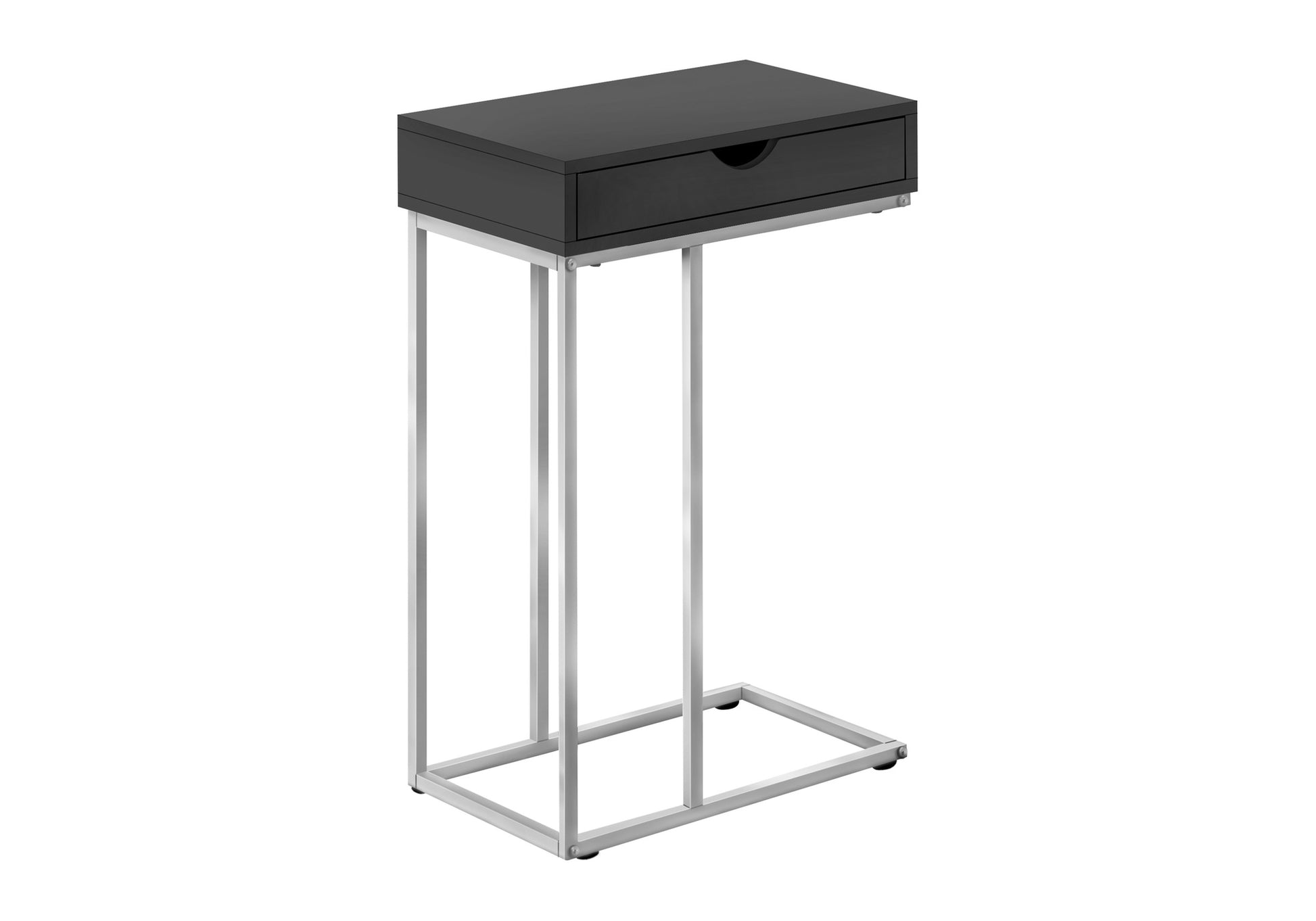 Sleek black Ctable with a single drawer and silver metal frame perfect for modern living rooms