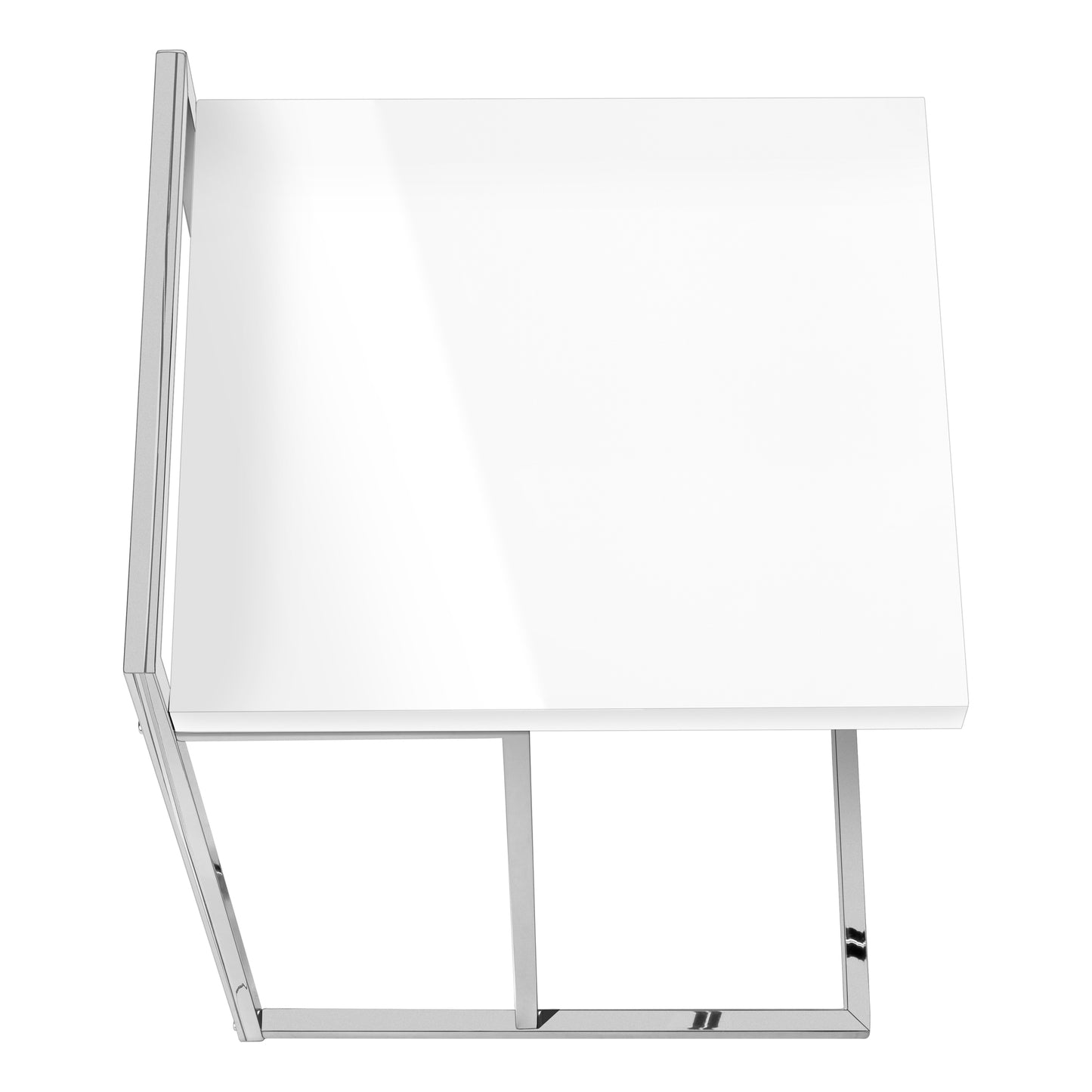 Modern white laminate side table with sleek chrome frame and open shelf