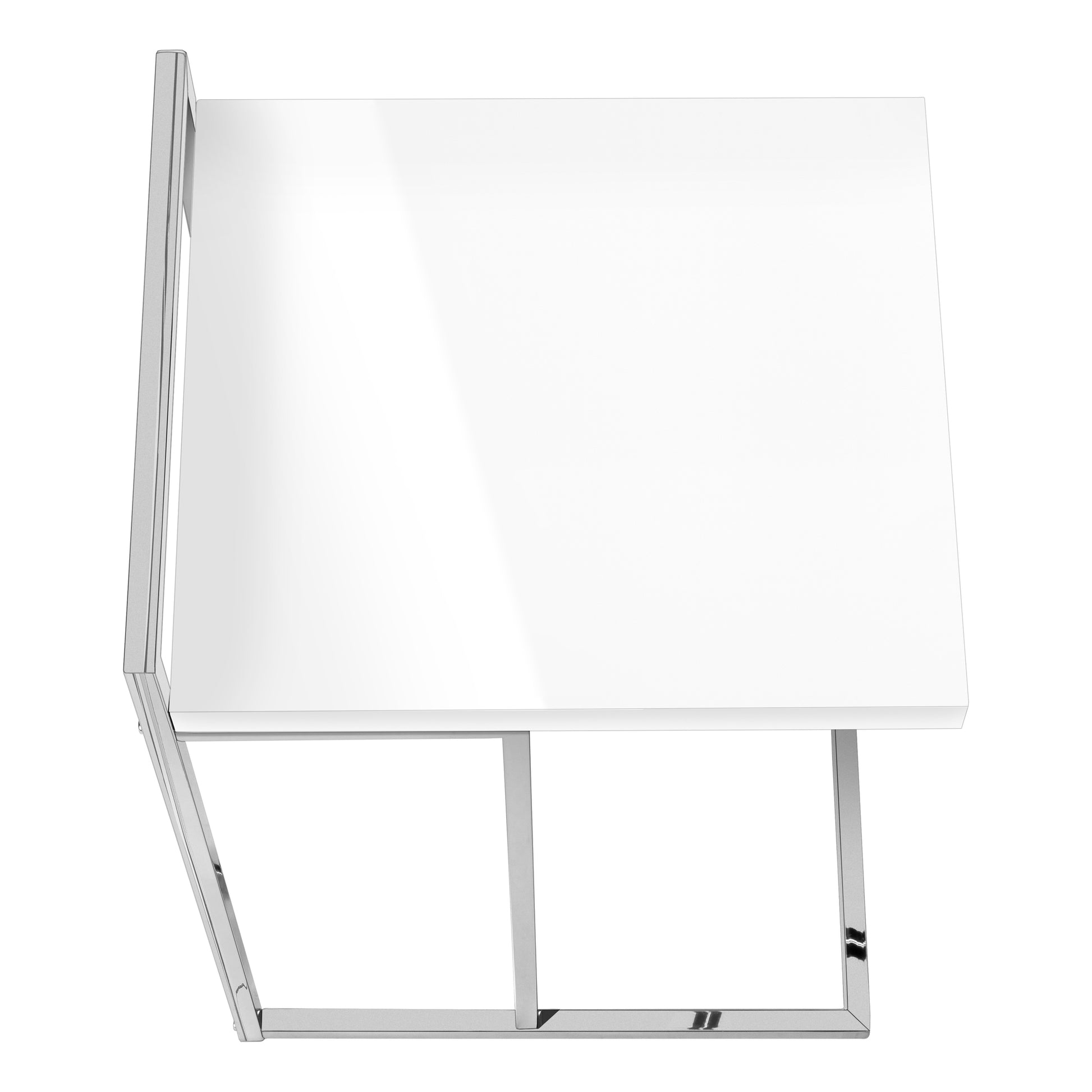 Modern white laminate side table with sleek chrome frame and open shelf