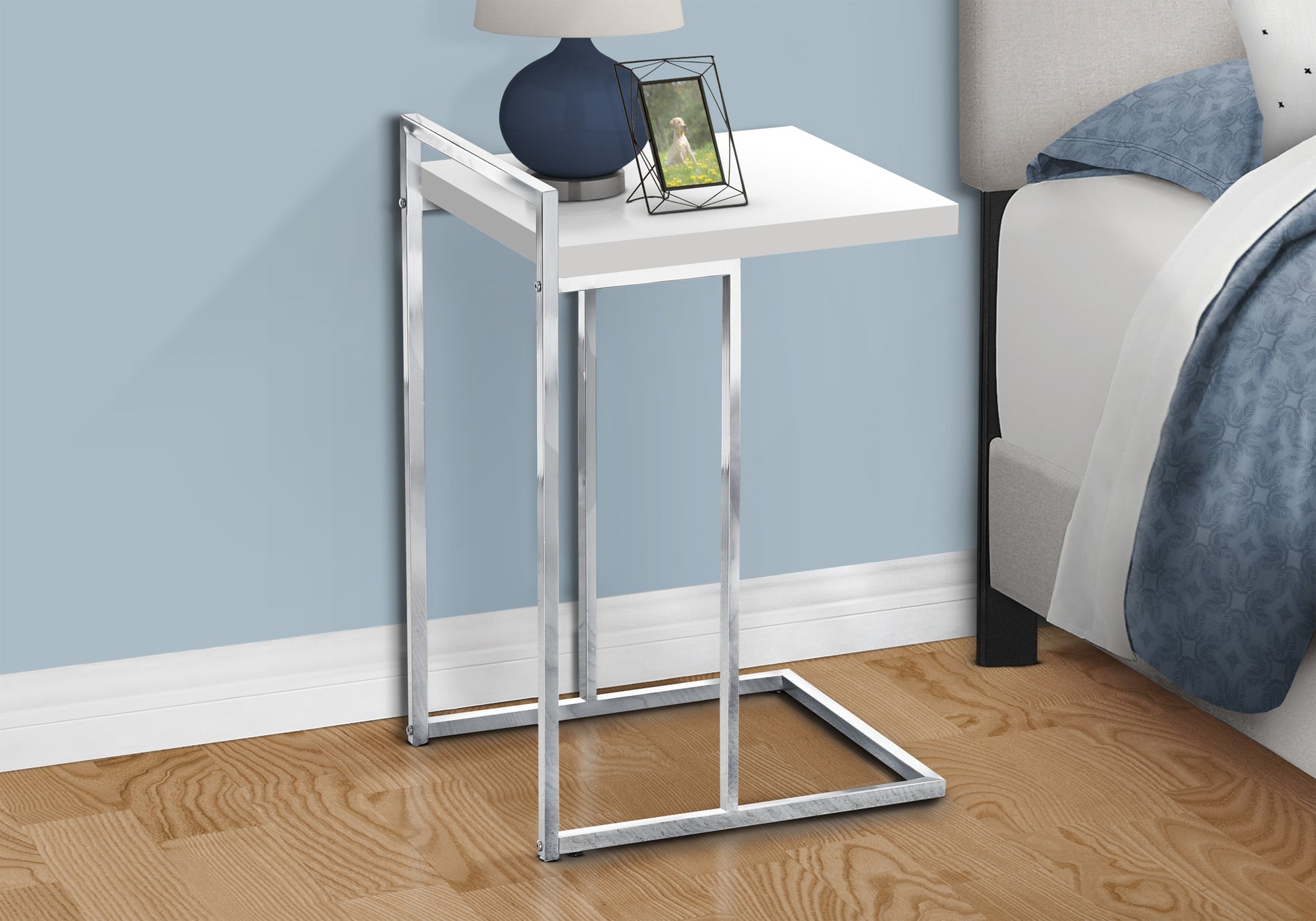 White Ctable with chrome frame ideal for small spaces next to beds