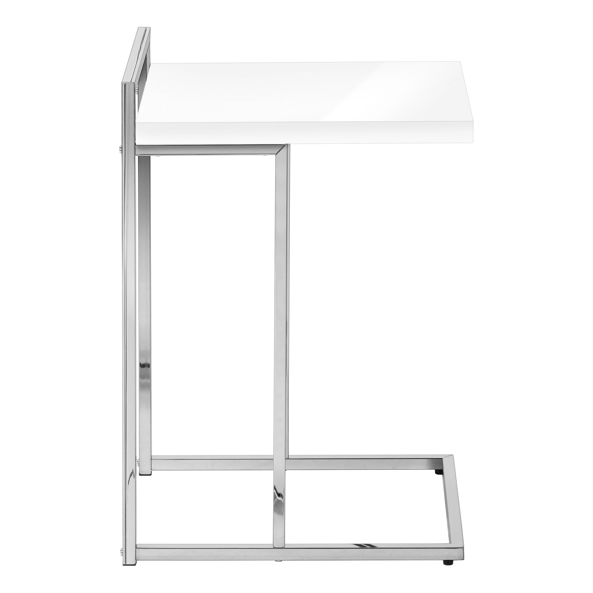 Sleek white Ctable with polished chrome frame perfect for modern living rooms