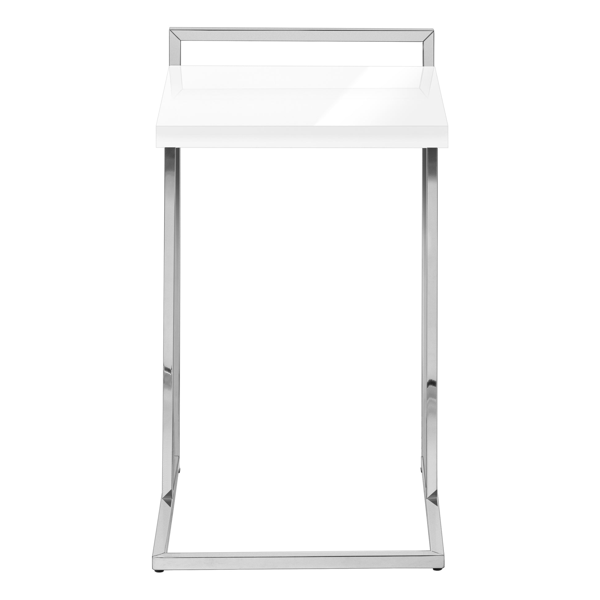Glossy white modern side table with polished chrome legs and frame
