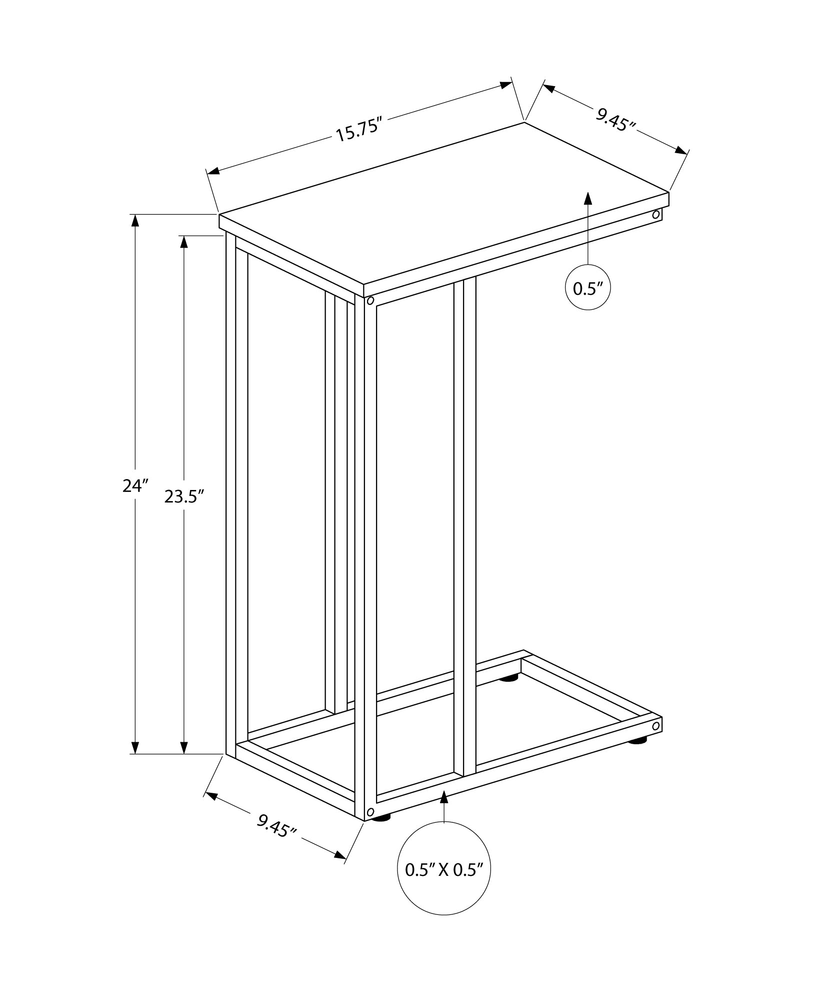 Cshaped metal side table with dimensions labeled  W x  D x  H