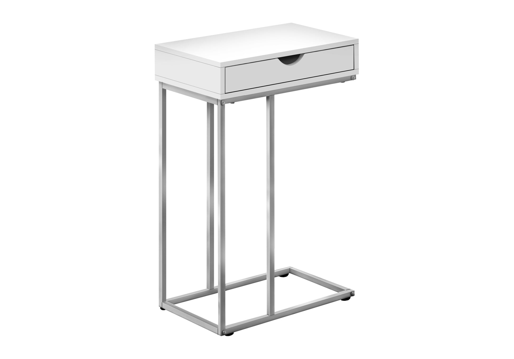 Sleek white Ctable with one drawer and silver metal frame perfect for small spaces