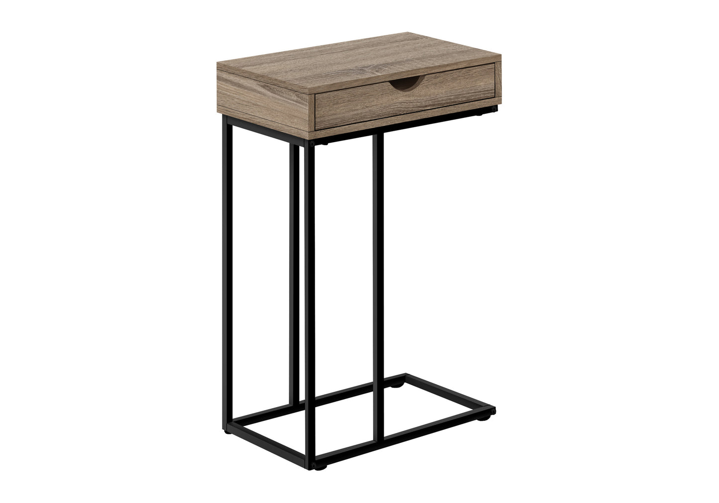 Wood grain C table with black metal frame and one drawer