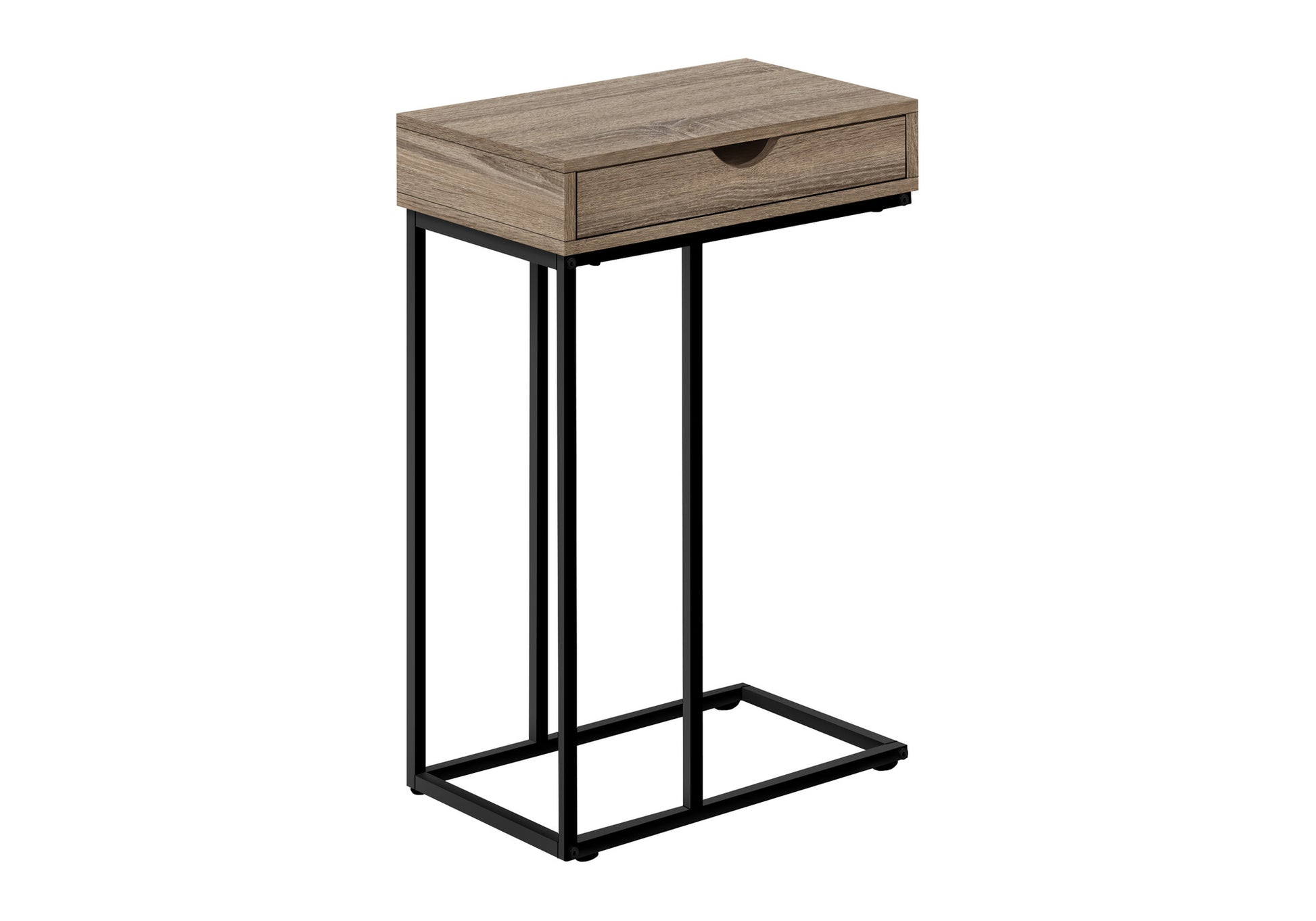 Wood grain C table with black metal frame and one drawer