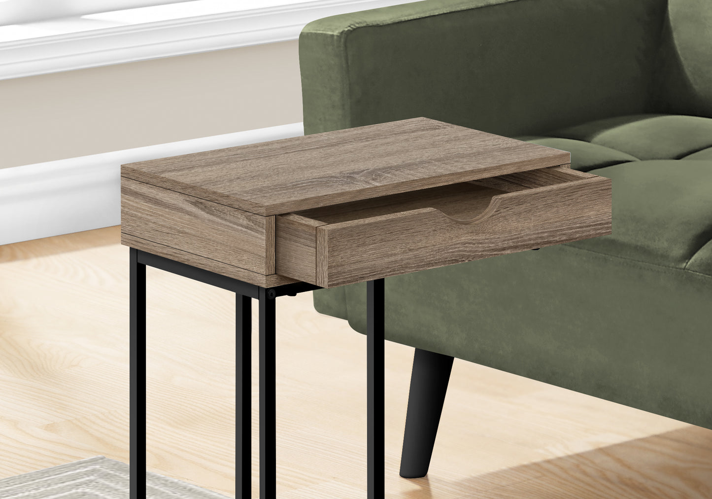 Rustic oak narrow side table with a single pullout drawer and black metal frame