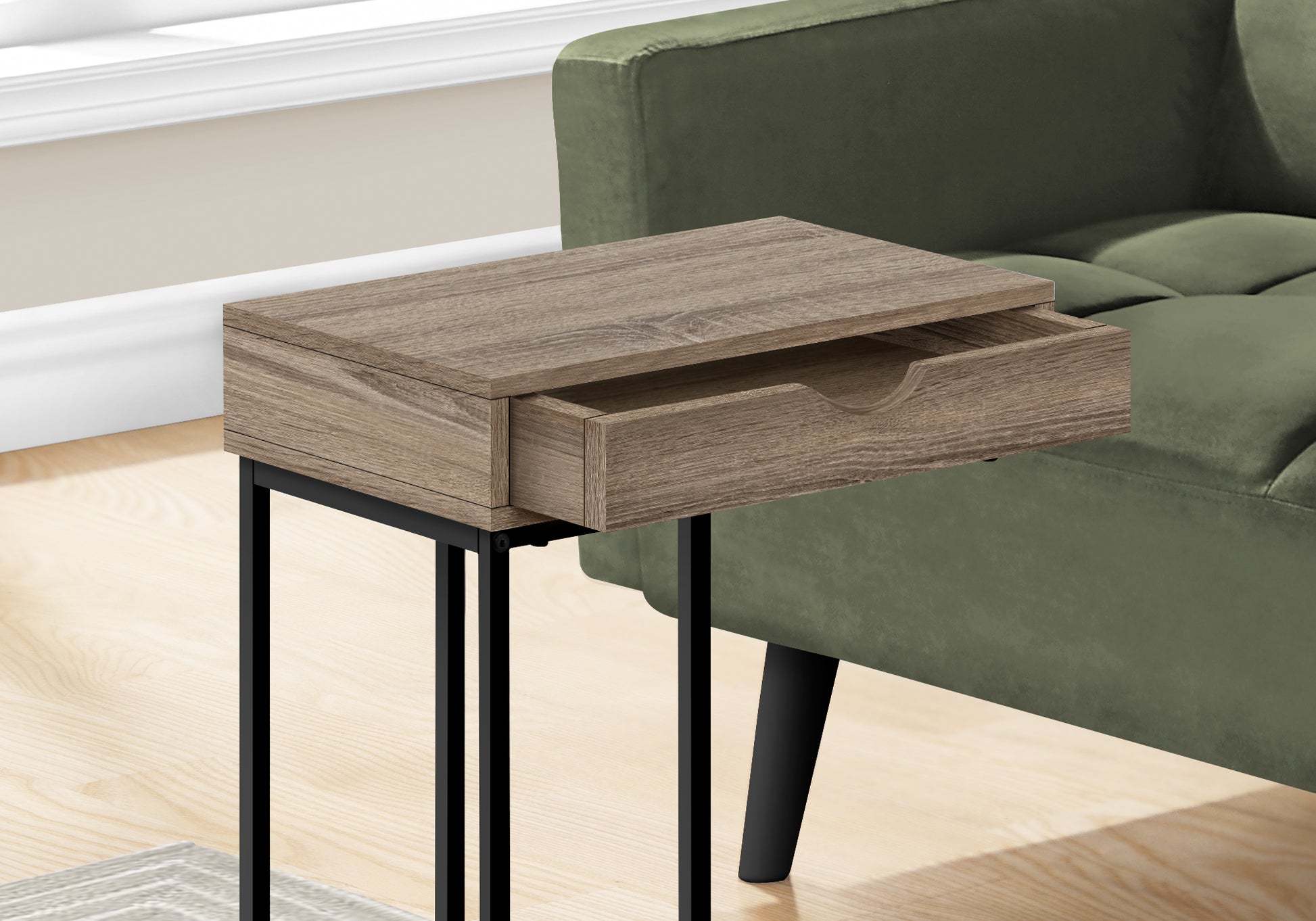Rustic oak narrow side table with a single pullout drawer and black metal frame