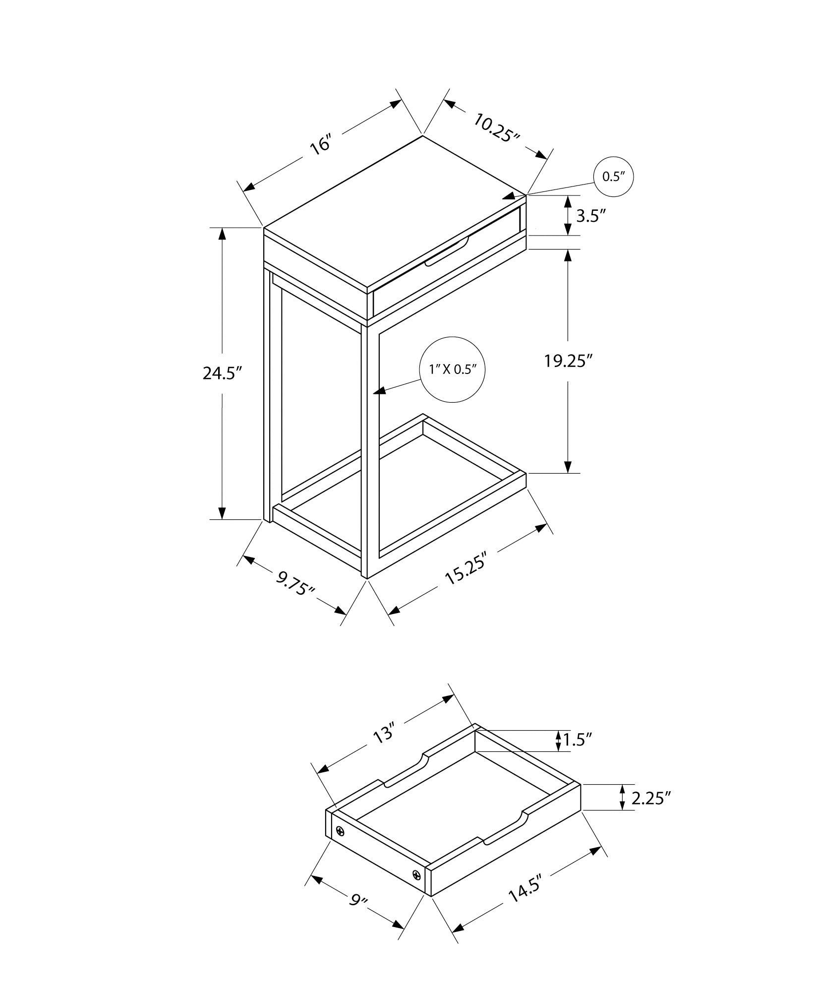 Technical drawing of a modern Ctable with dimensions  W x  D x  H