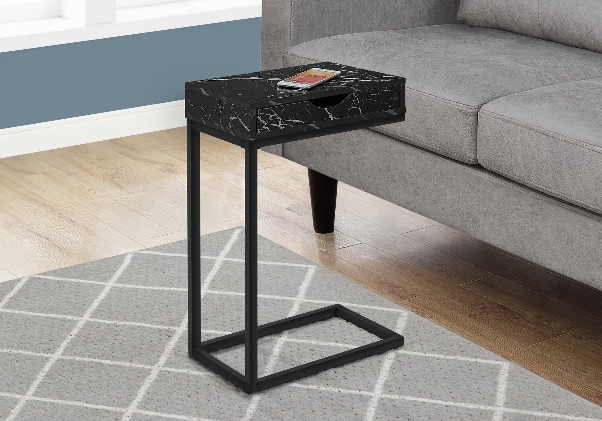Black marble effect Ctable with drawer and integrated USB port for charging devices