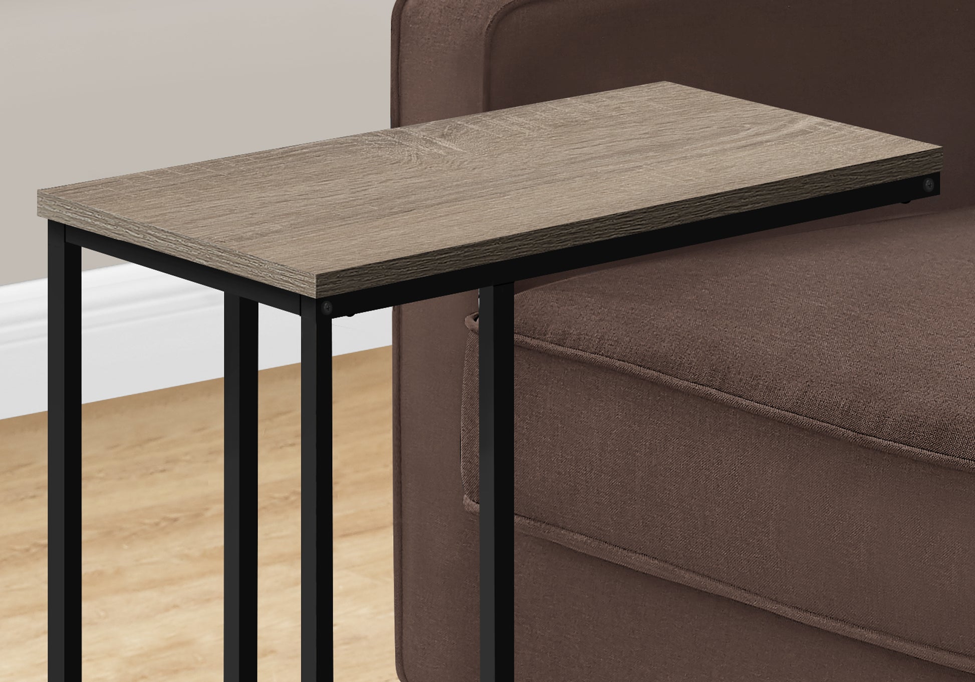 Modern ctable with rustic oak wood top and black metal frame perfect for living rooms