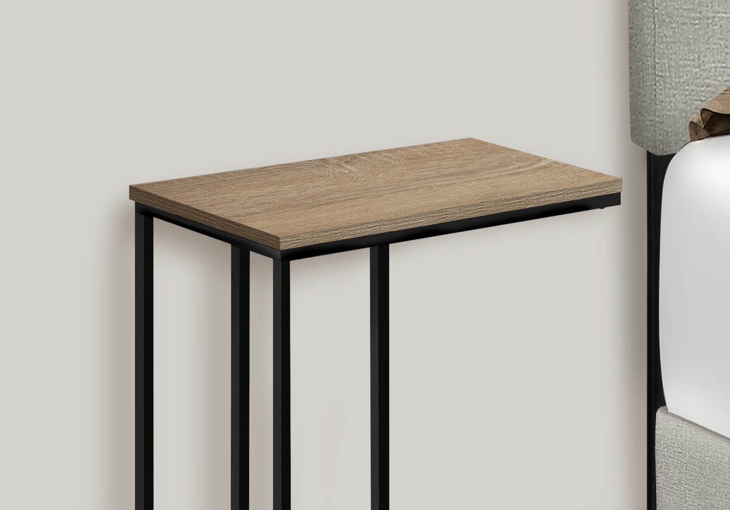 Slim wooden side table with black metal frame perfect for small spaces