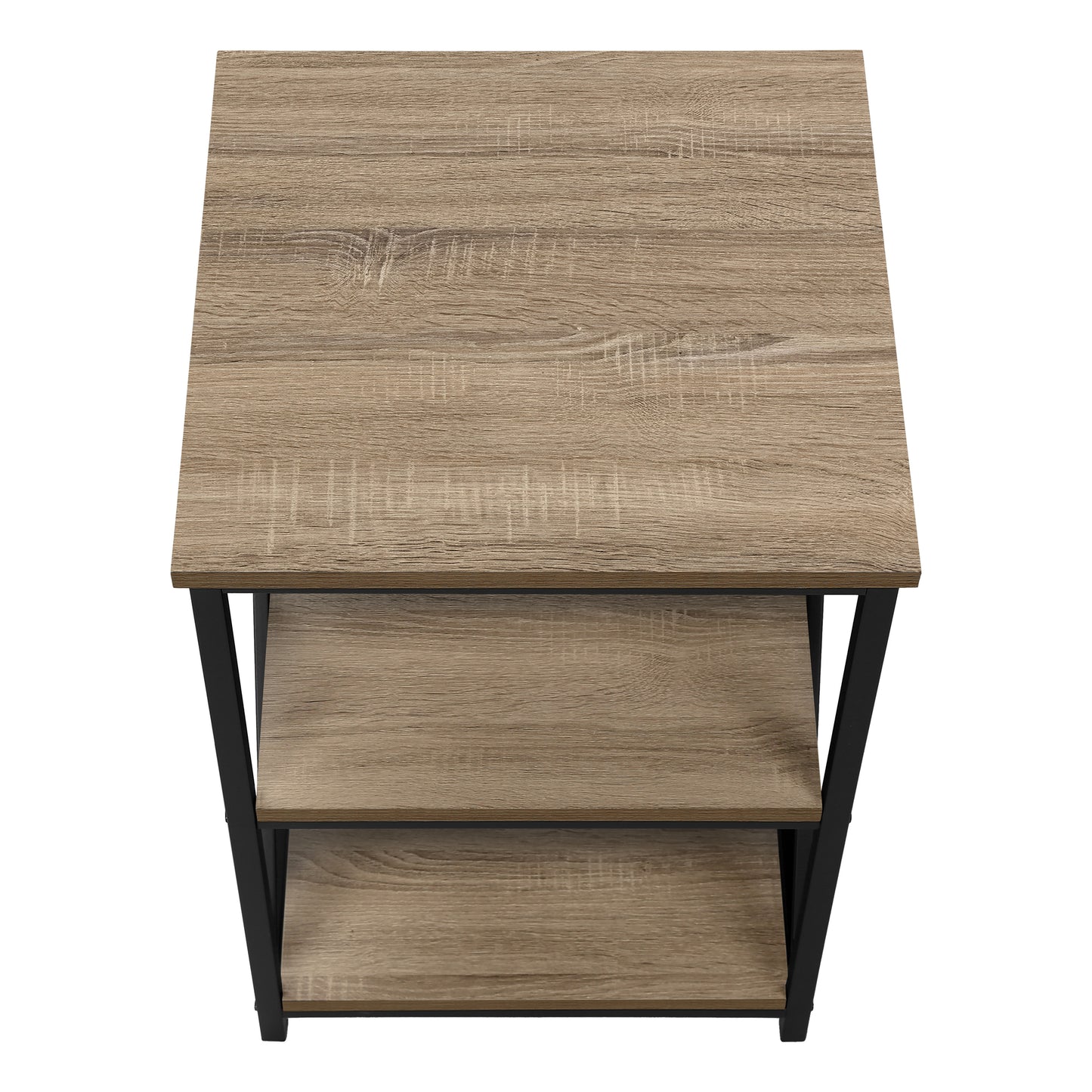 Rustic oak tier shelving unit with black metal frame