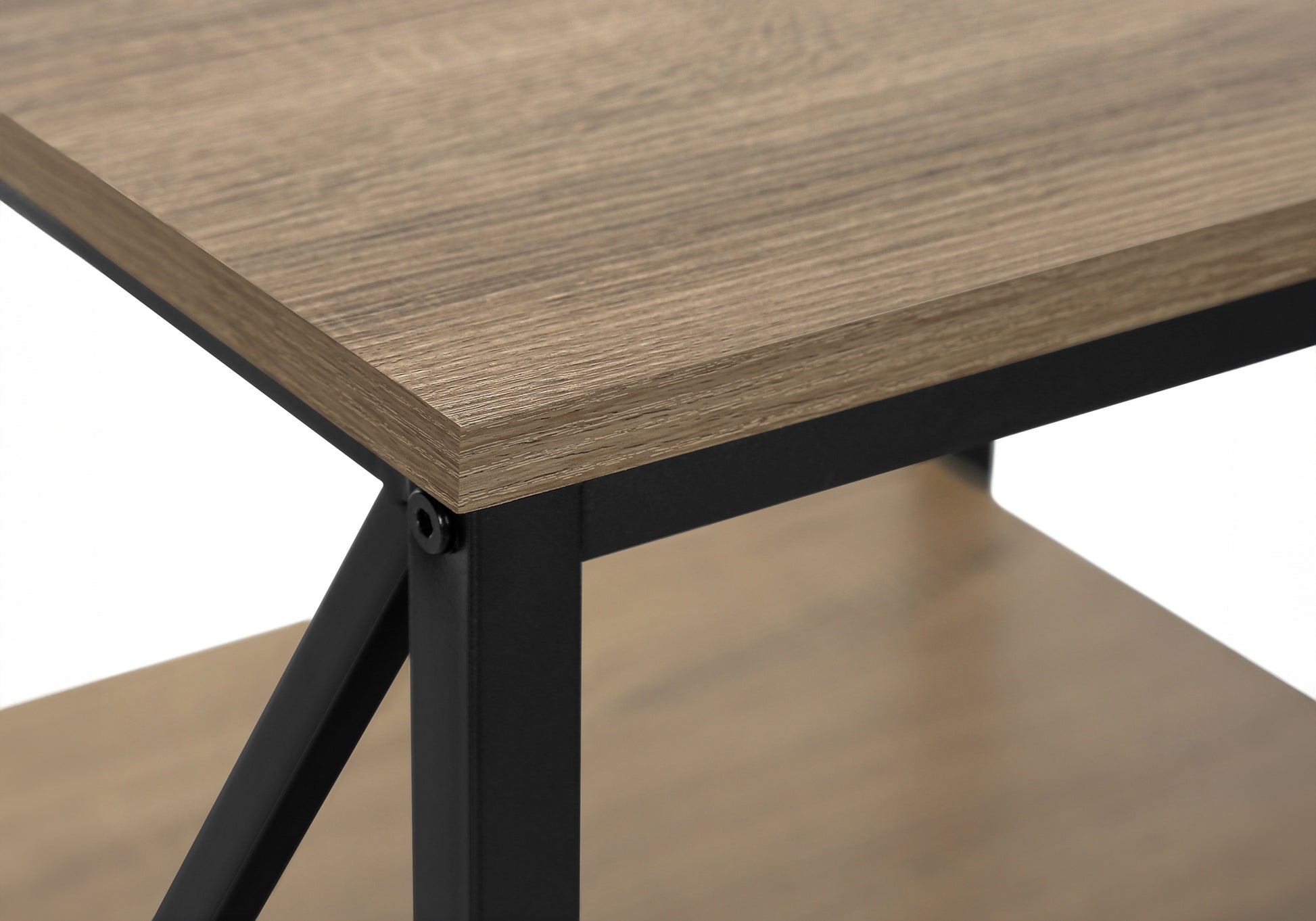 Modern wooden bedside table with black metal frame and shelf