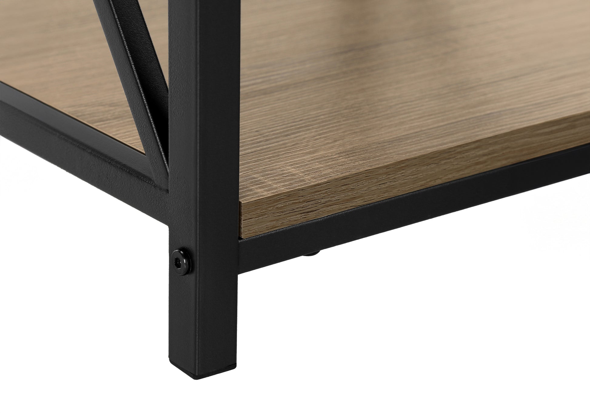 Closeup of rustic oak shelf with black metal frame and Xbrace detail