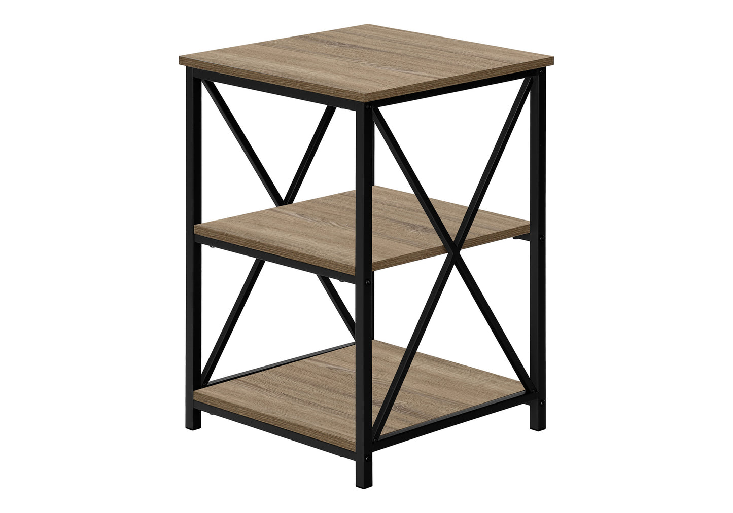 Threetier wood grain accent table with black metal frame
