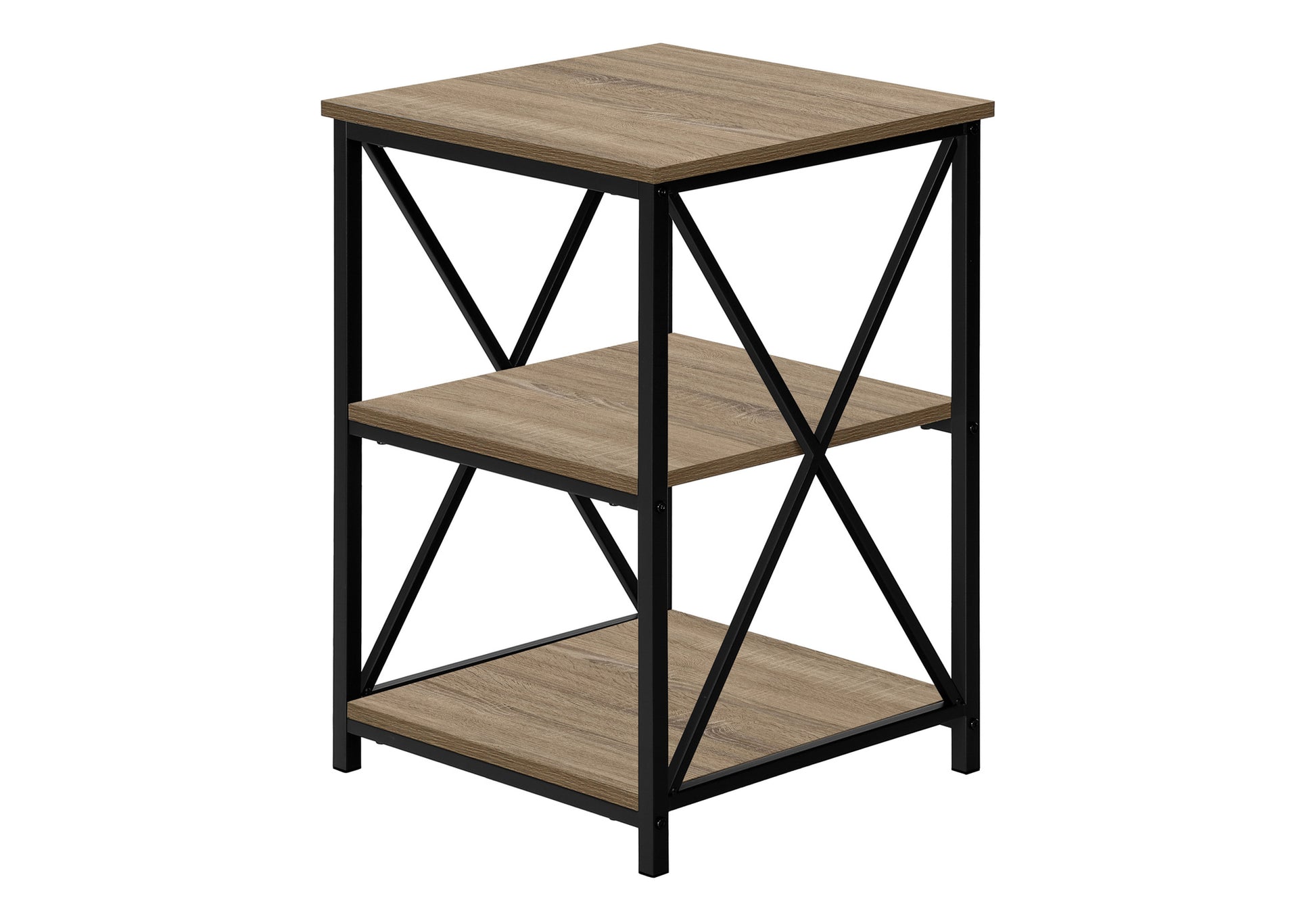 Threetier wood grain accent table with black metal frame