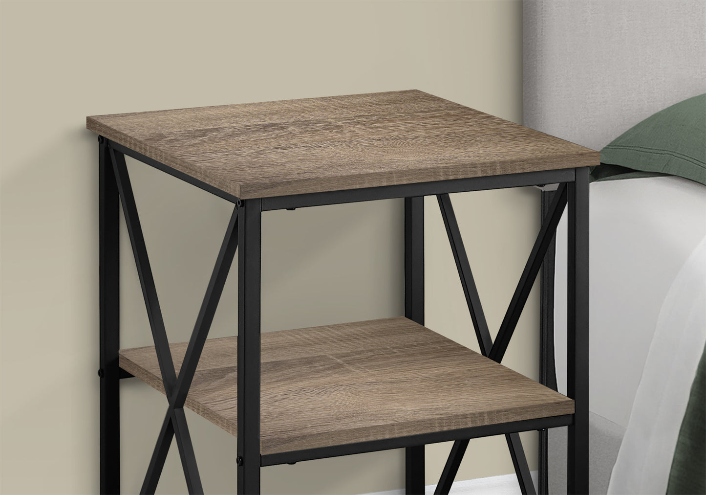 Rustic wood and black metal twotier nightstand with Xframe accents