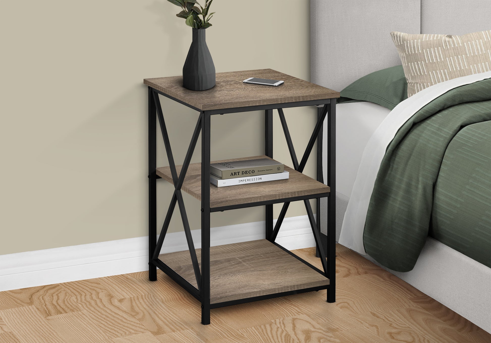 Rustic oak and black metal shelf nightstand with decorative side Xbraces