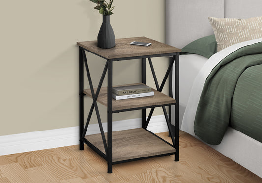Rustic oak and black metal shelf nightstand with decorative side Xbraces