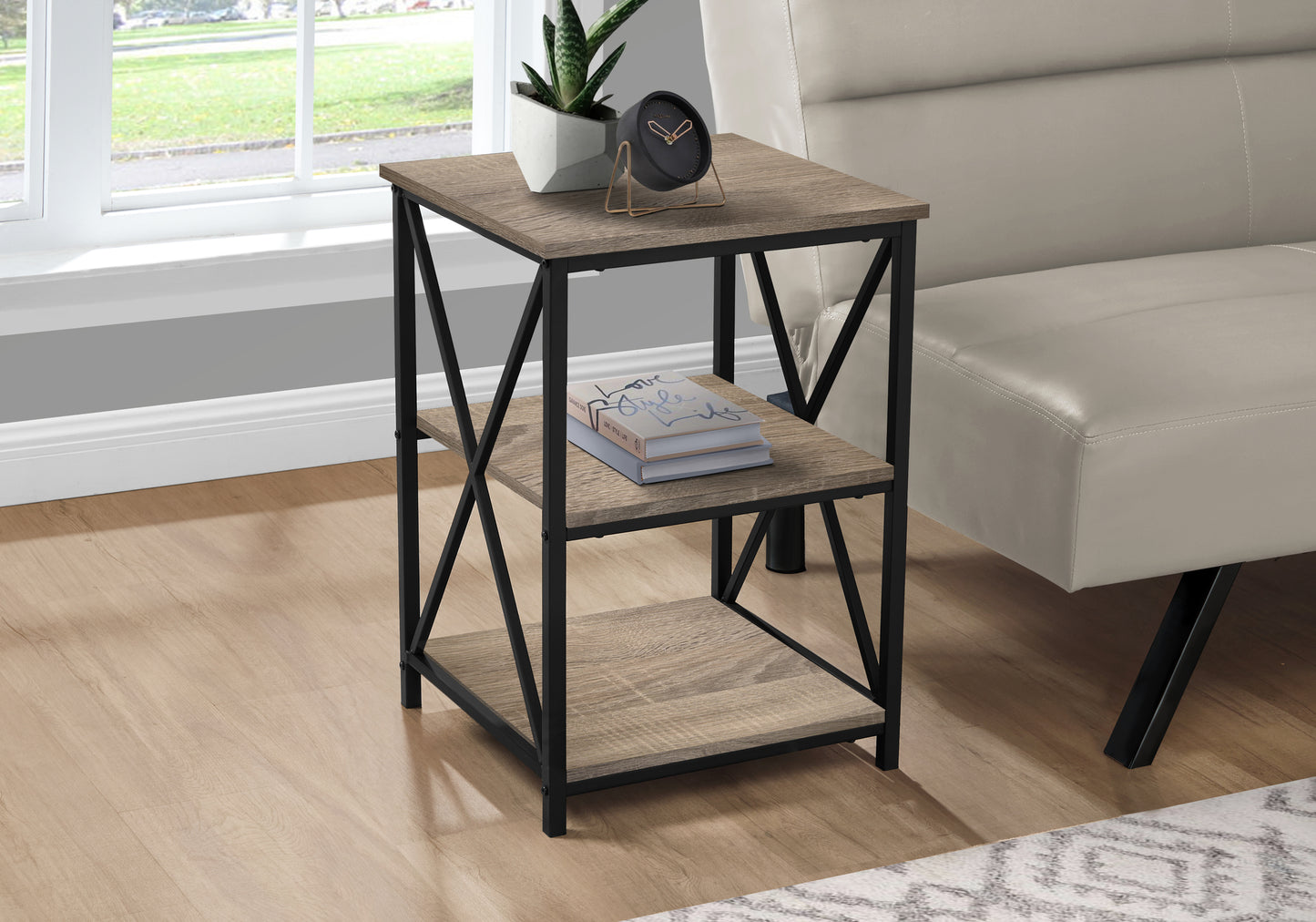Rustic oak veneer end table with black metal frame two shelves and modern design