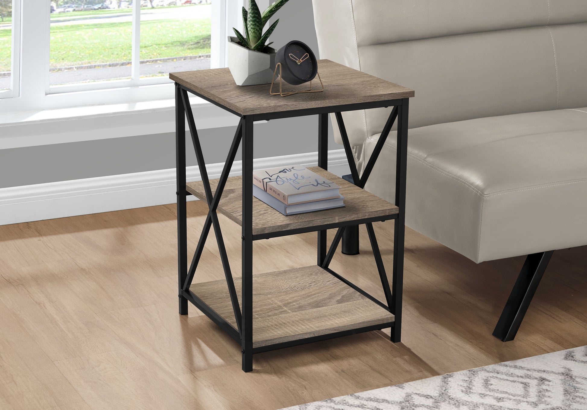 Rustic oak veneer end table with black metal frame two shelves and modern design