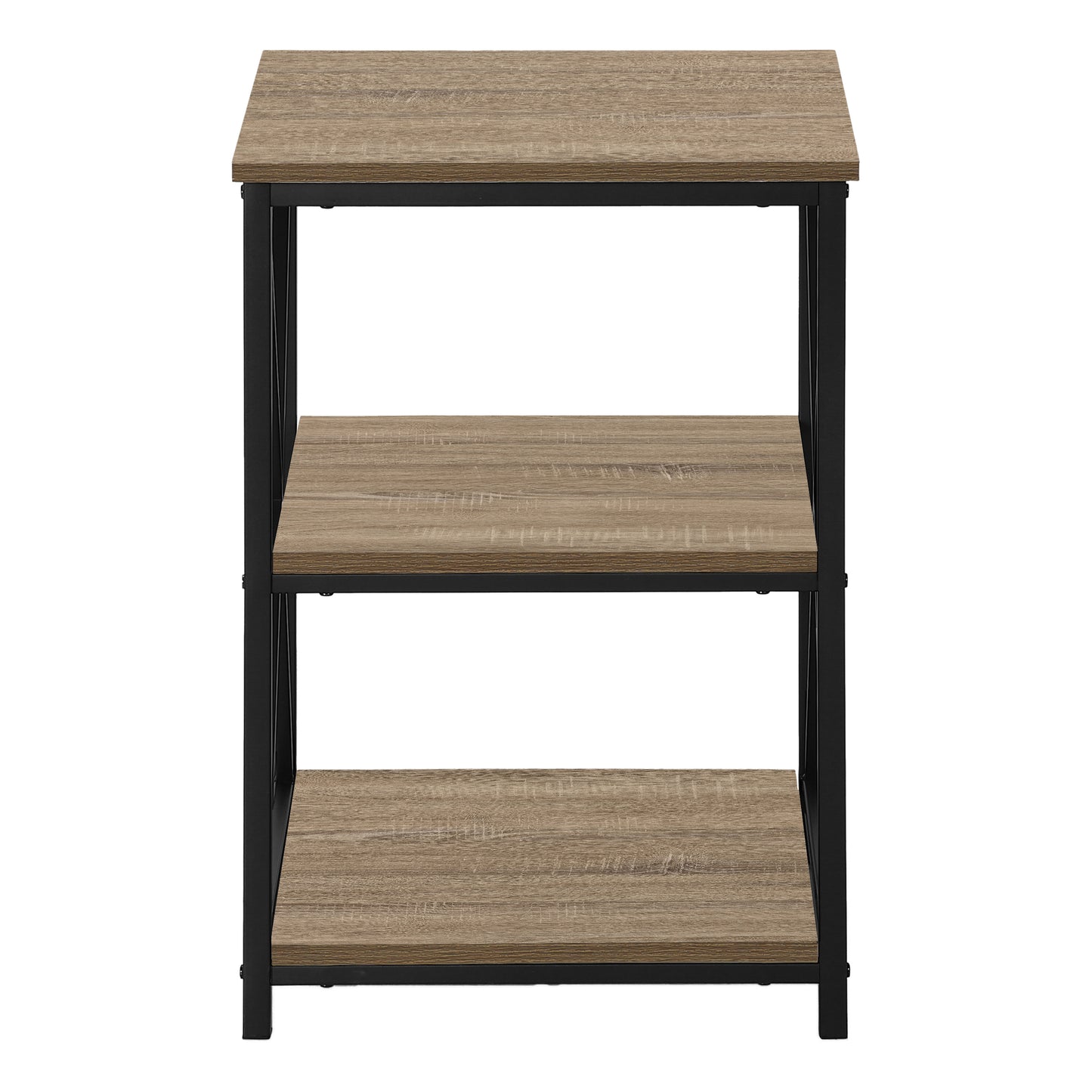 Rustic brown wood grain tier shelving unit with black metal frame ideal for storage