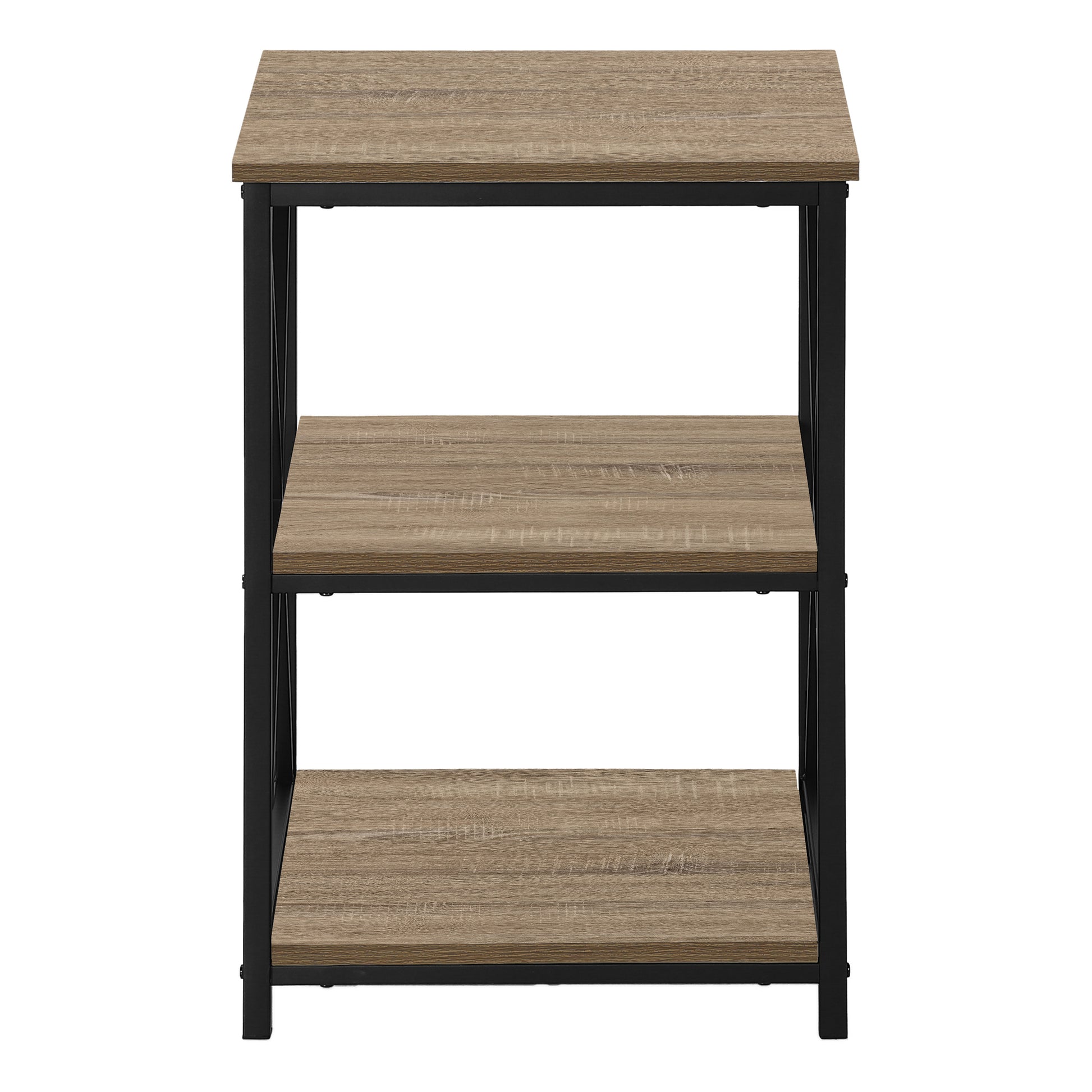 Rustic brown wood grain tier shelving unit with black metal frame ideal for storage