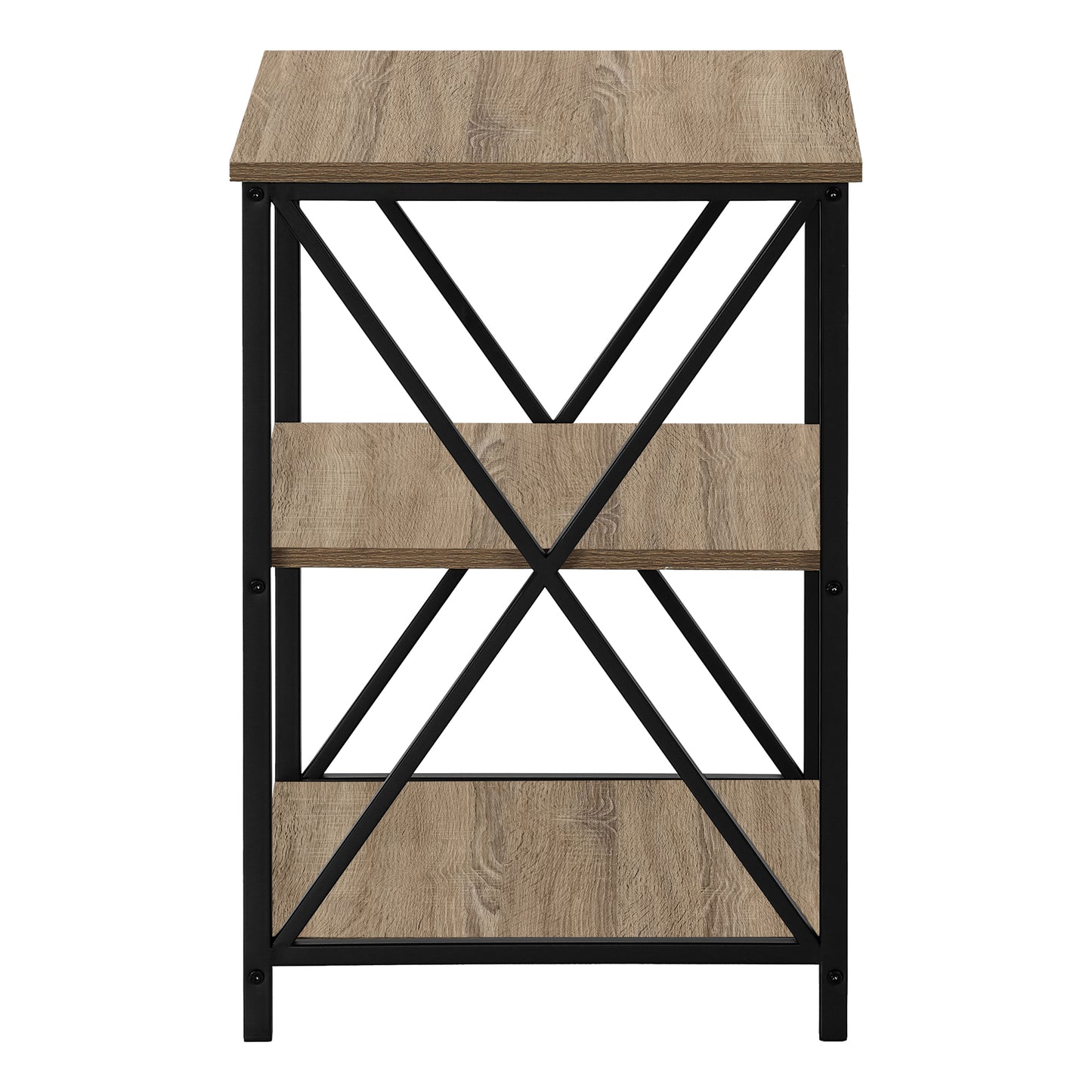 Rustic oak wood shelf unit with black metal frame and crisscross detailing