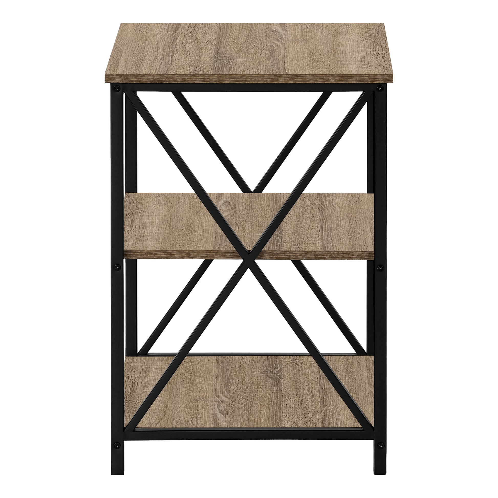 Rustic oak wood shelf unit with black metal frame and crisscross detailing