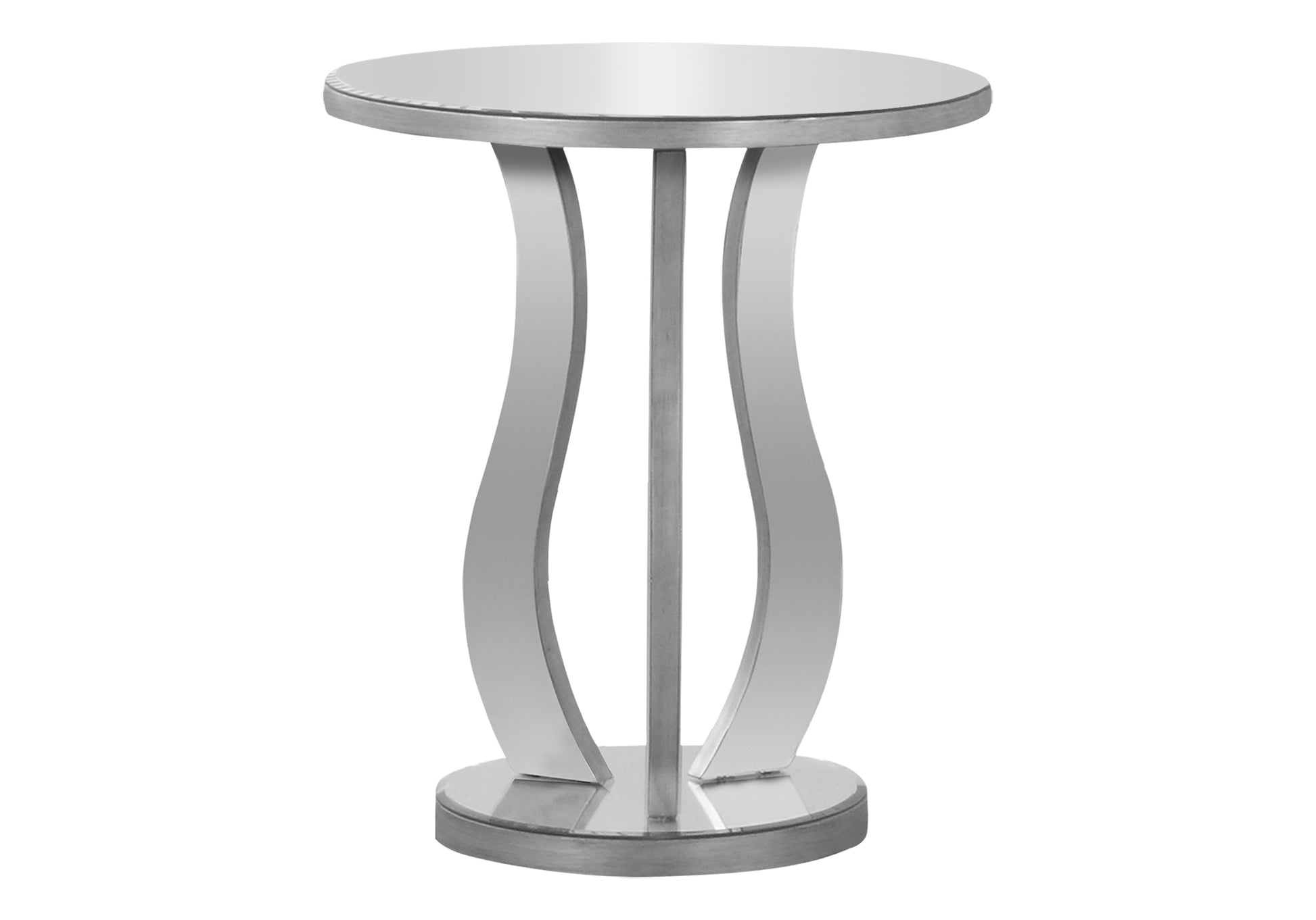 Mirrored pedestal table with silver metal frame circular top and curved legs