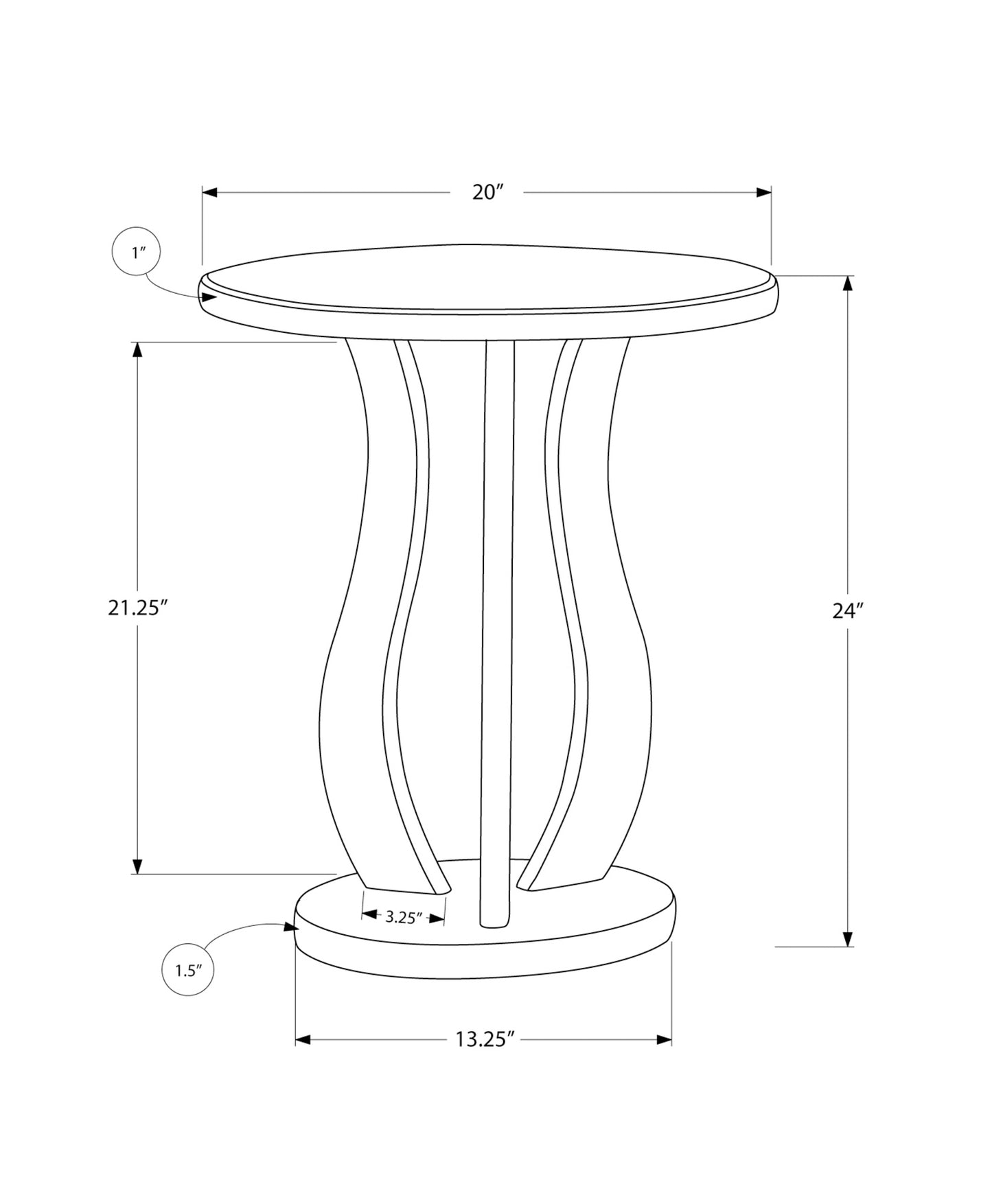 Line drawing of a modern accent table with a round top and curved pedestal base Dimensions shown