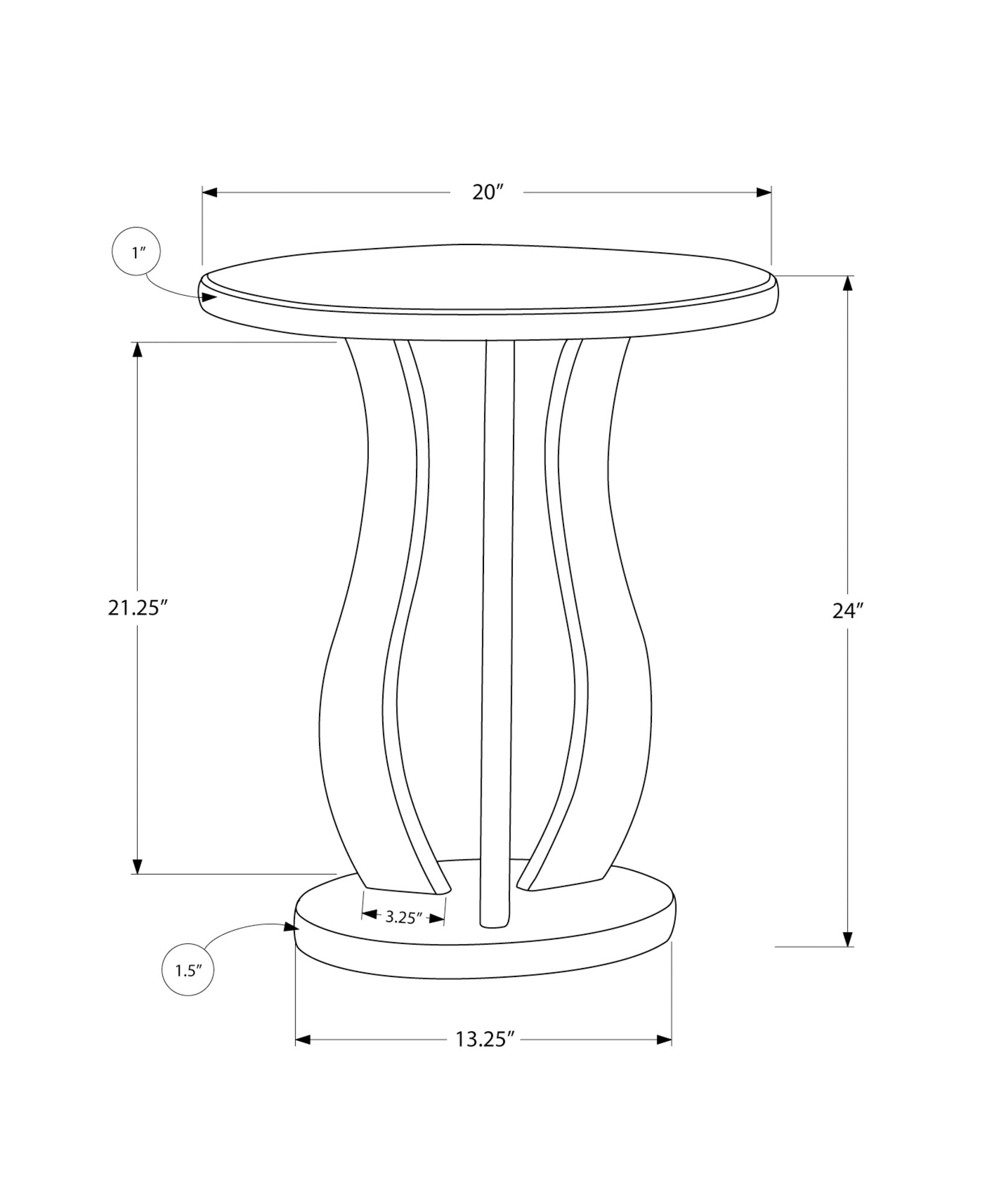Line drawing of a modern accent table with a round top and curved pedestal base Dimensions shown