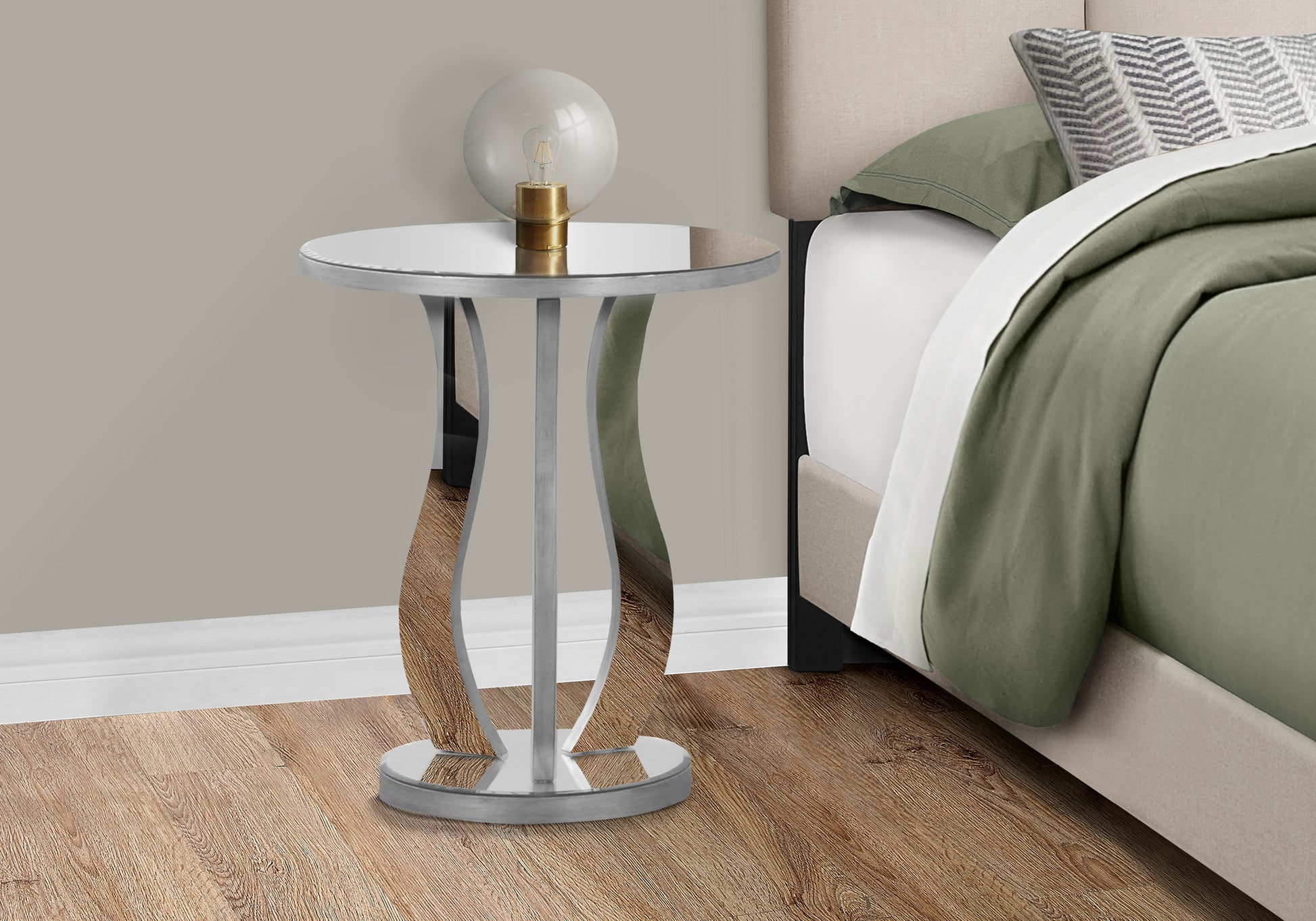 Silver and wood accent side table with round mirrored top