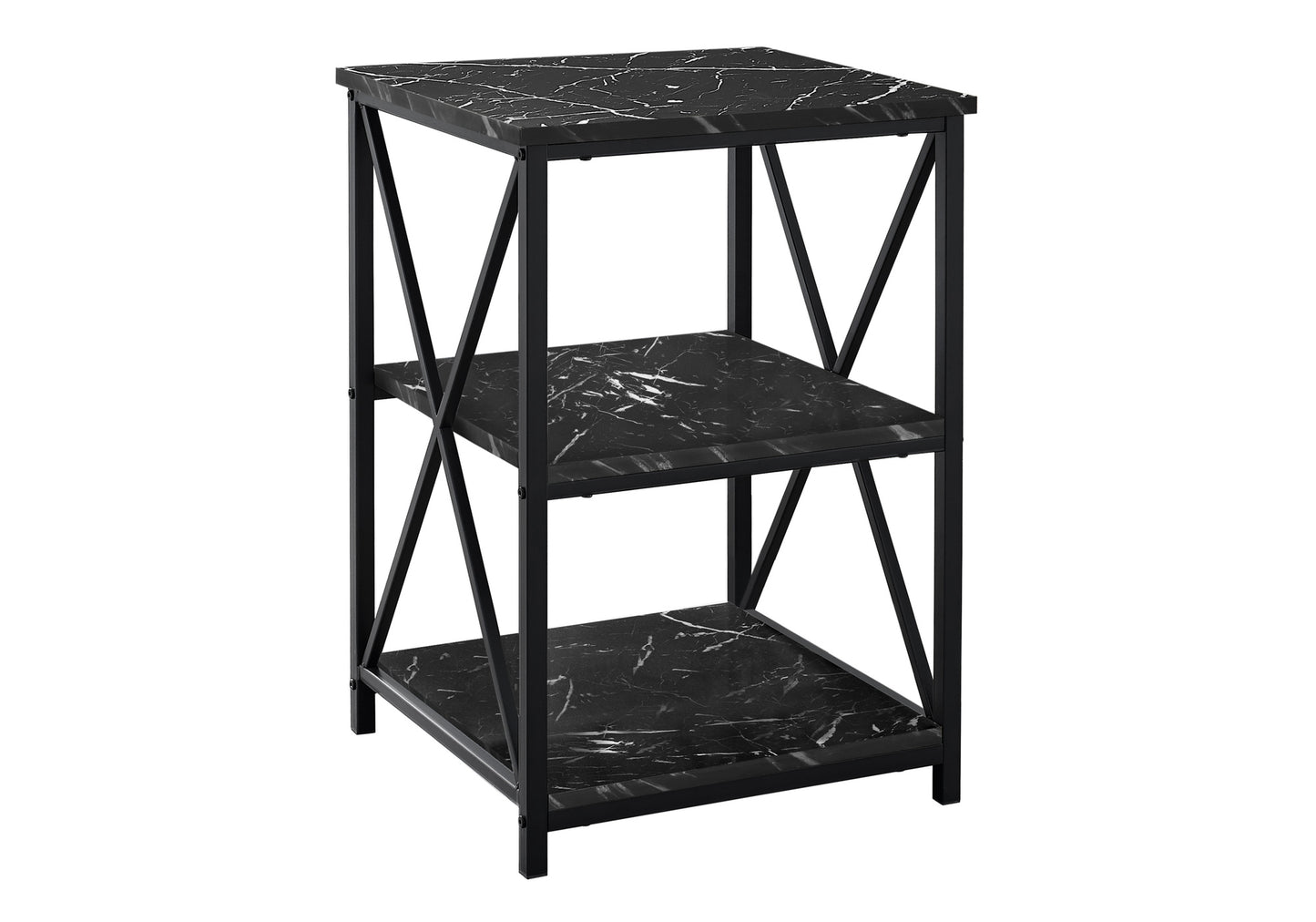 Black marble effect tier accent table with metal frame
