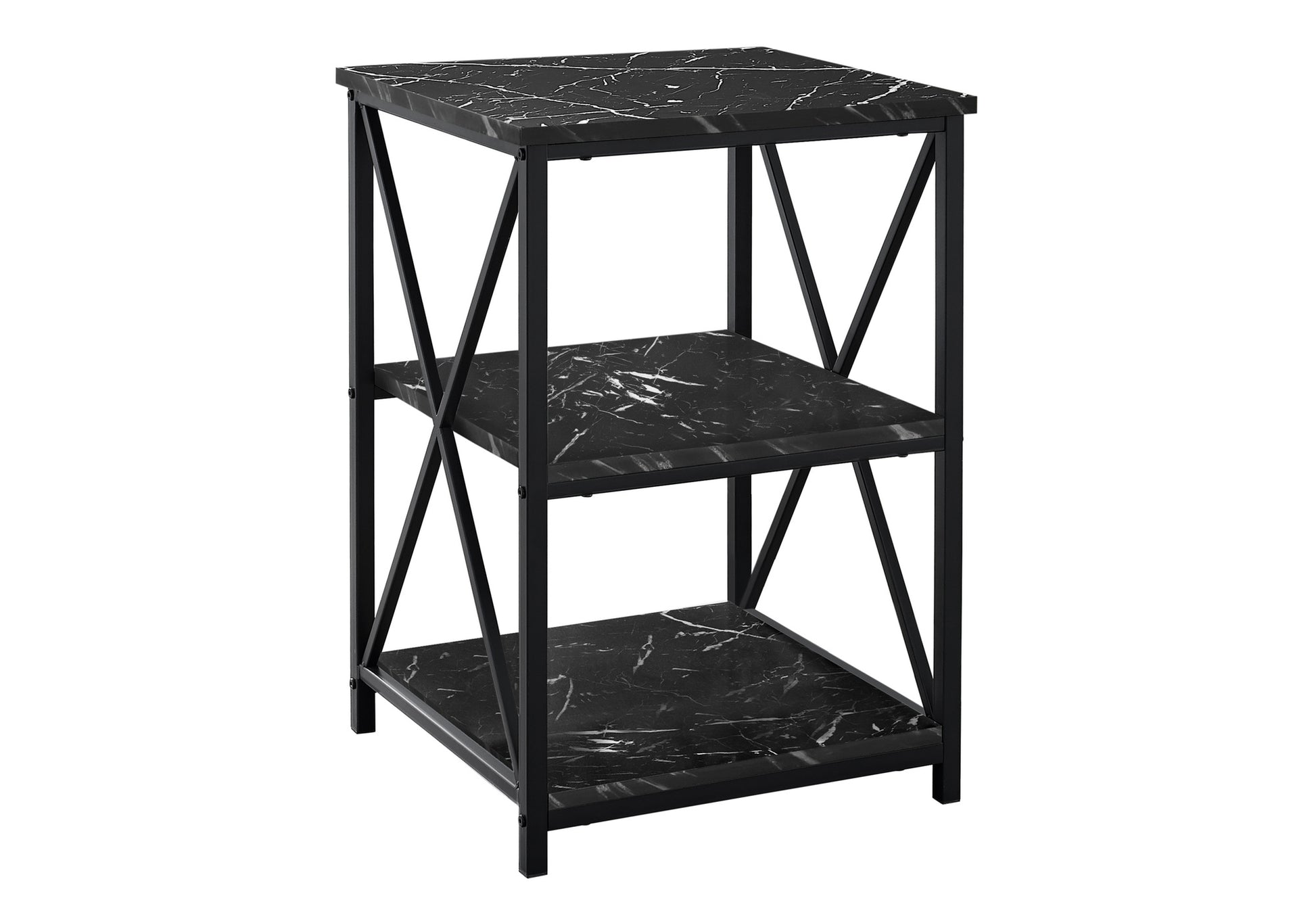 Black marble effect tier accent table with metal frame