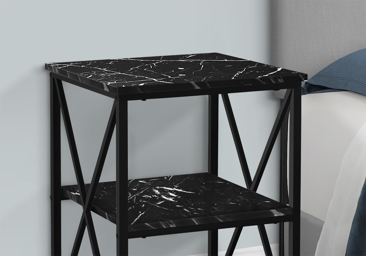 Black marble top twotier side table with metal frame