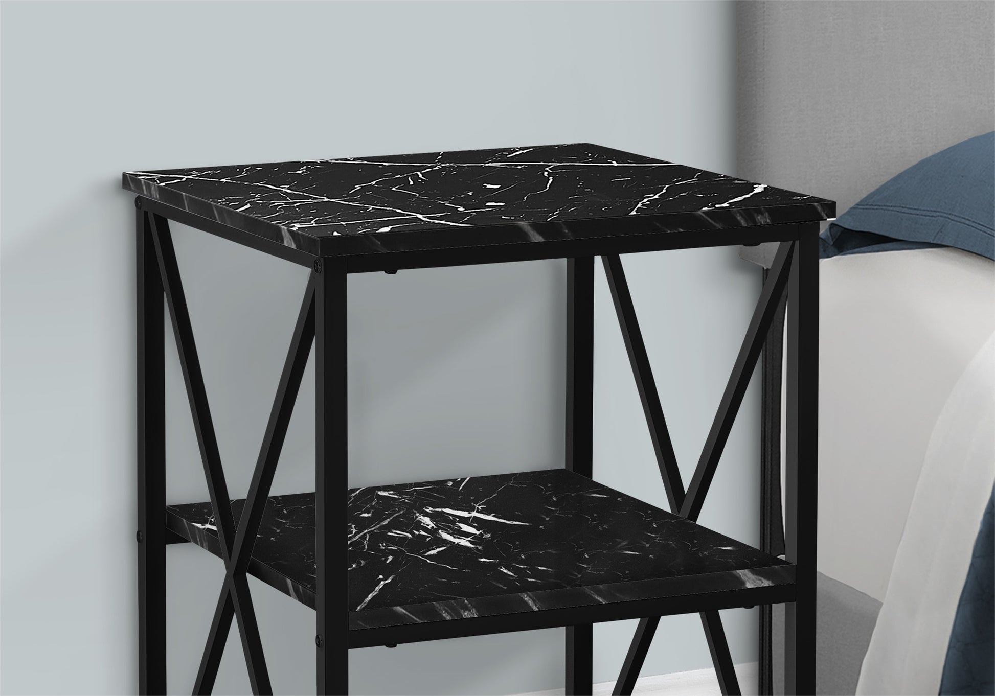 Black marble top twotier side table with metal frame