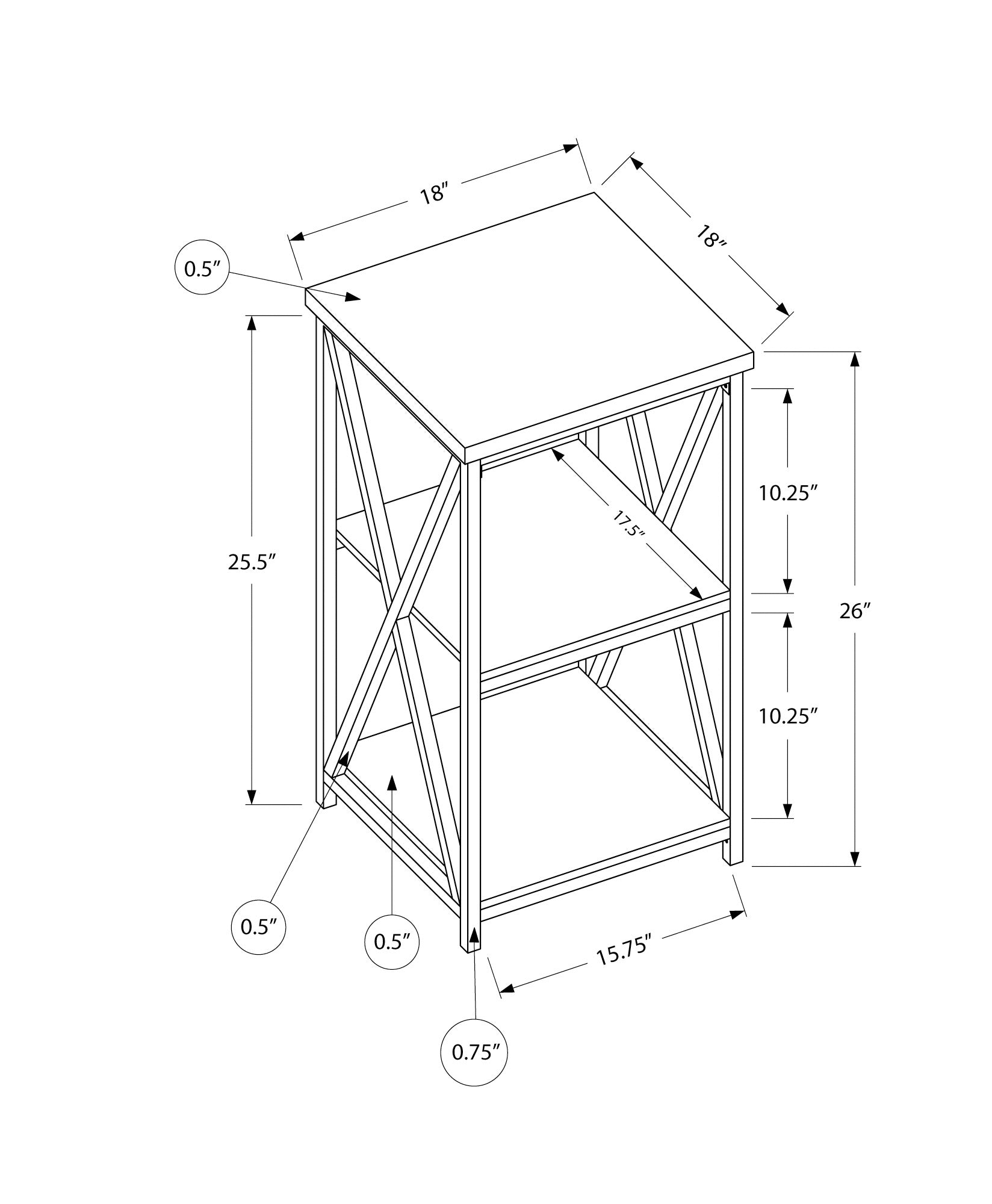 Technical drawing of an x inch side table with xframe legs and two shelves