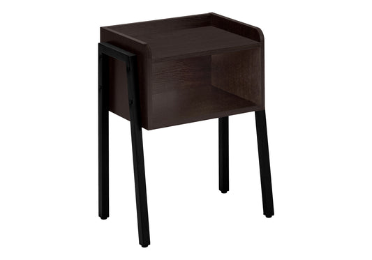 Dark wood bedside table with open shelf and black metal frame minimalist design