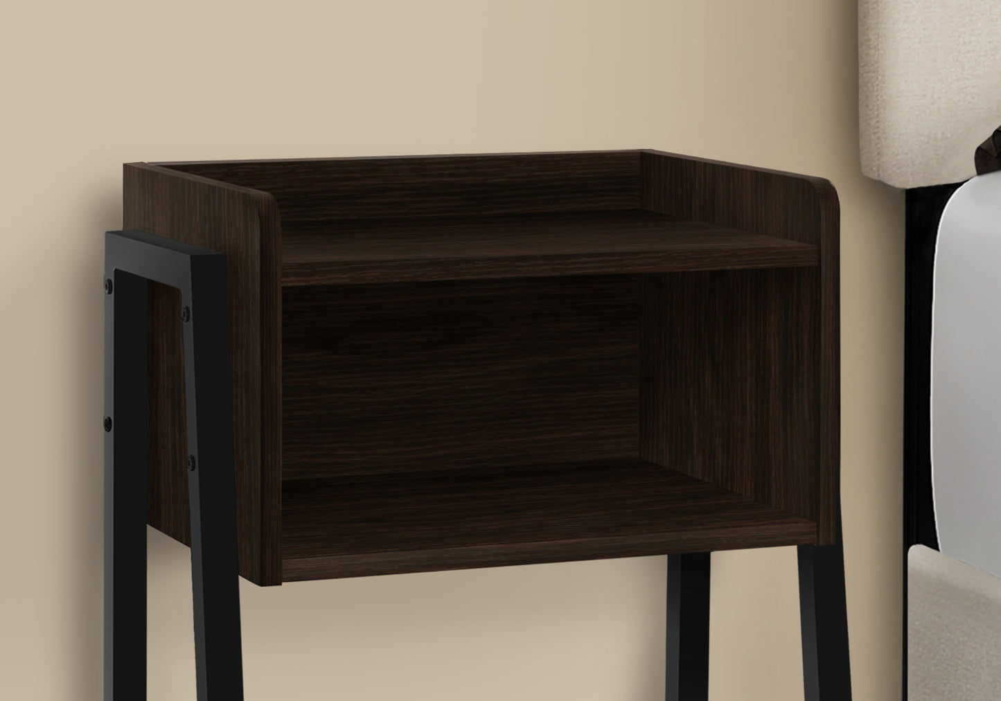 Dark wood modern nightstand with open shelving and black metal legs