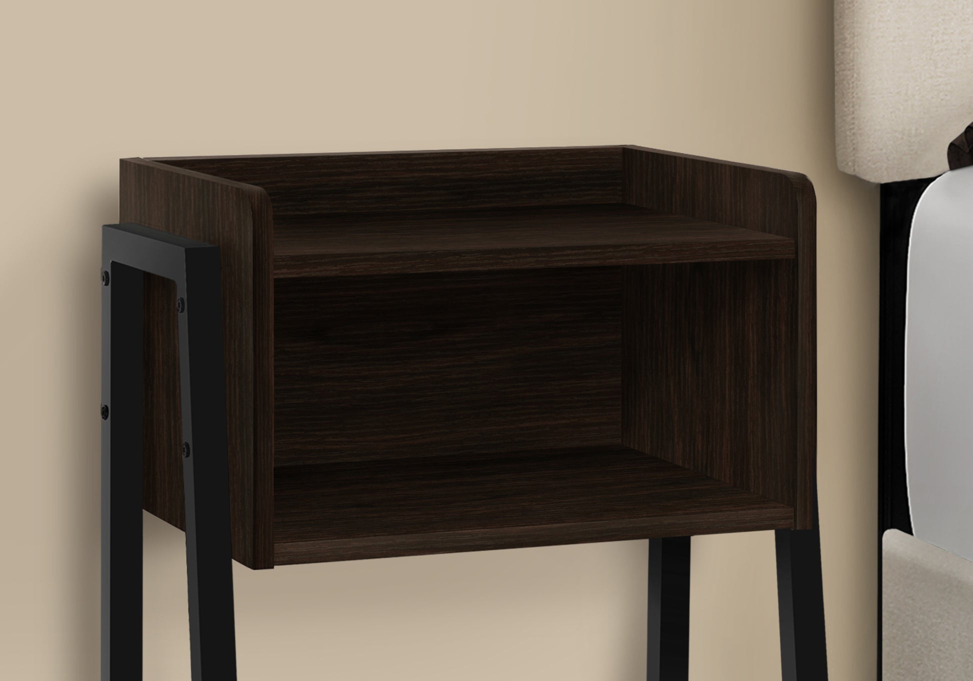 Dark wood modern nightstand with open shelving and black metal legs