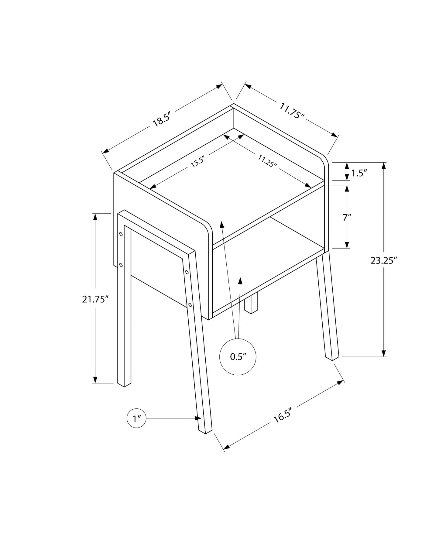 Line drawing of an end table with dimensions showing overall height of  inches